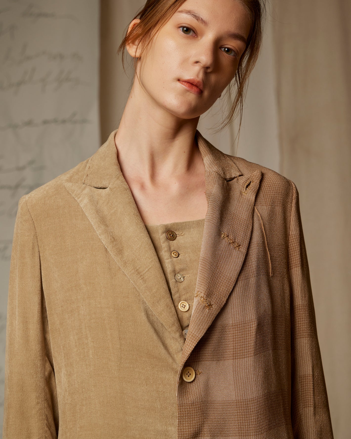 A Tentative Atelier SS23 Lookbook Womens crop of half brown velvet, half brown check coat