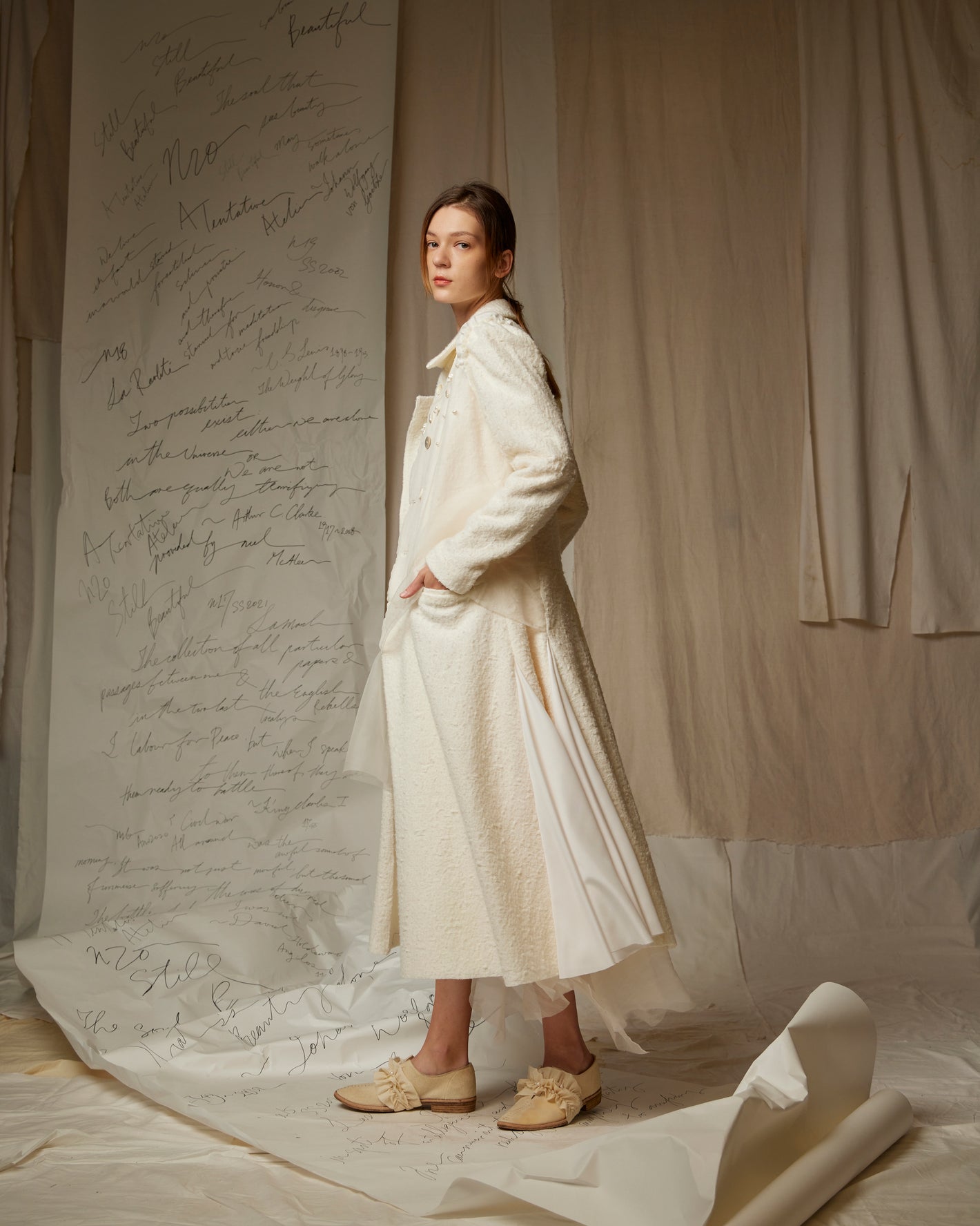 A Tentative Atelier SS23 Lookbook Womens cream multi panel coat