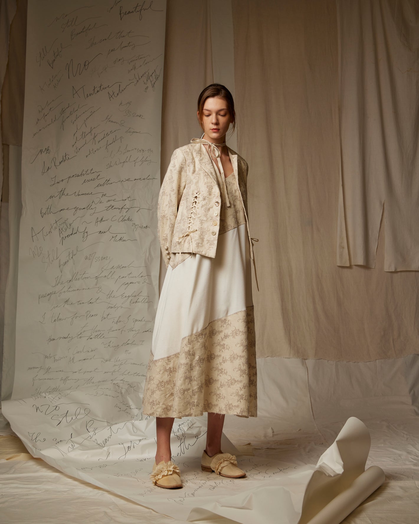 A Tentative Atelier AW22 Lookbook  beige jacket and patchwork dress