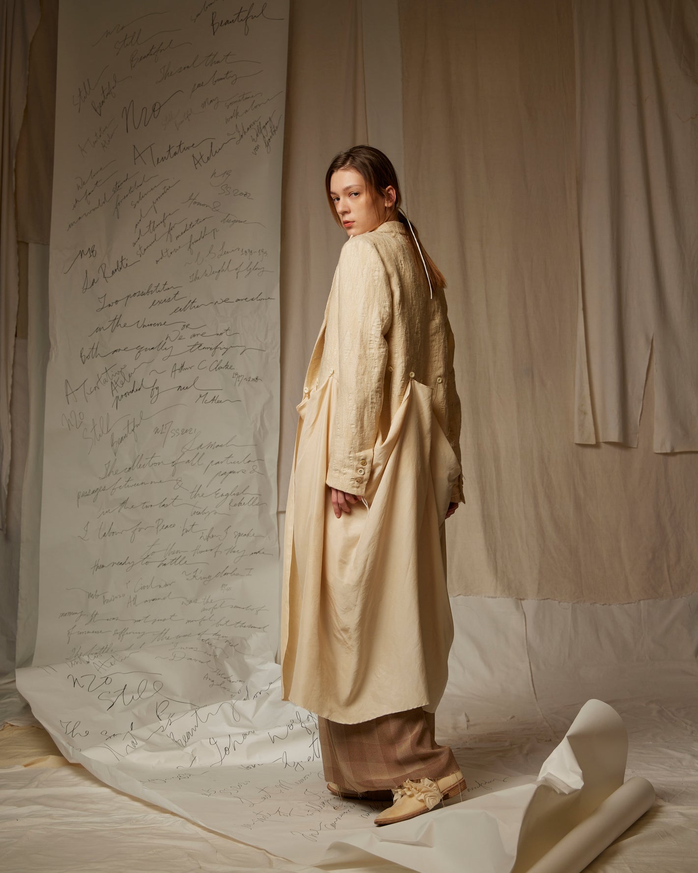 A Tentative Atelier SS23 Lookbook Womens textured beige coat