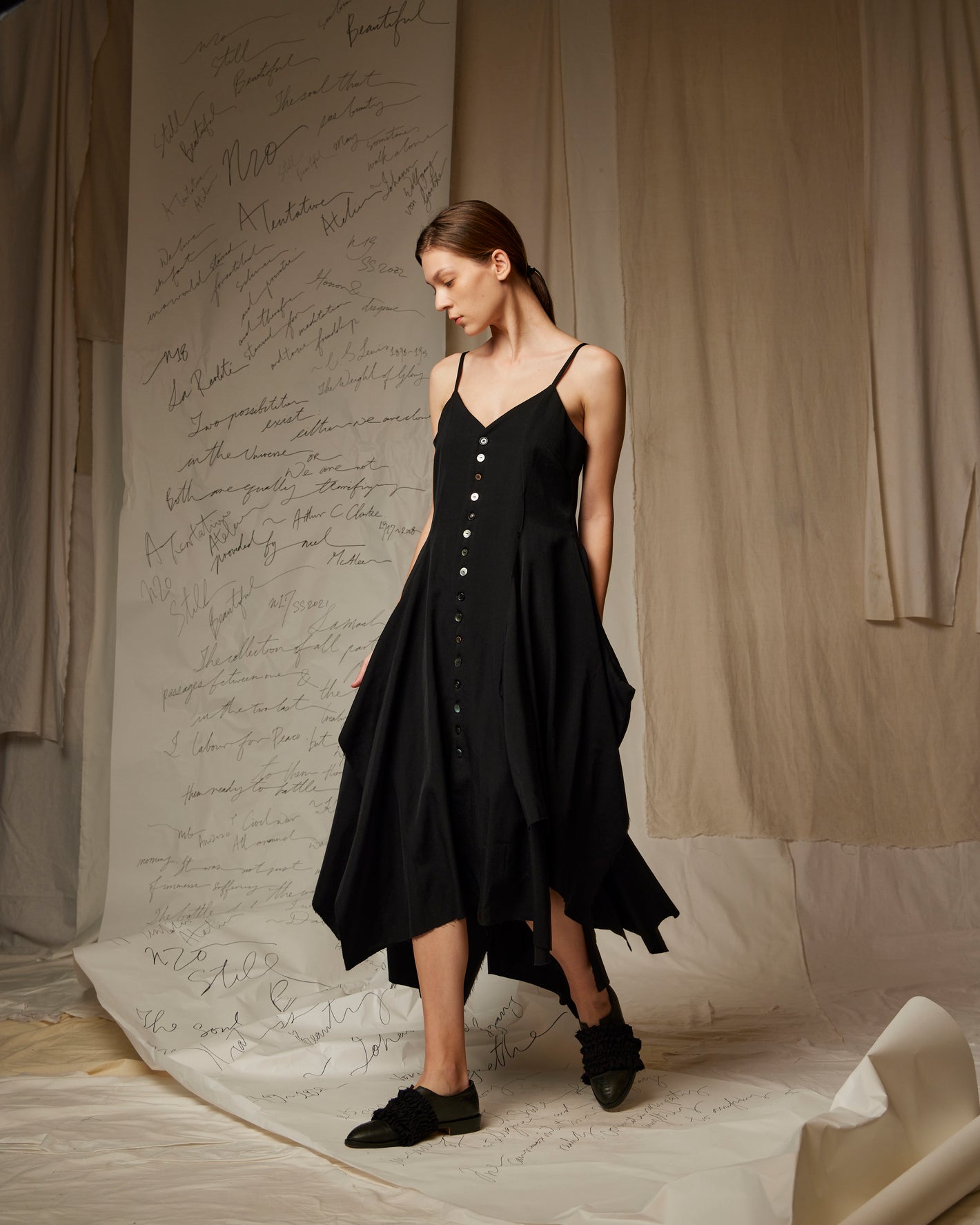 A Tentative Atelier SS23 Lookbook Womens black strap buttoned dress