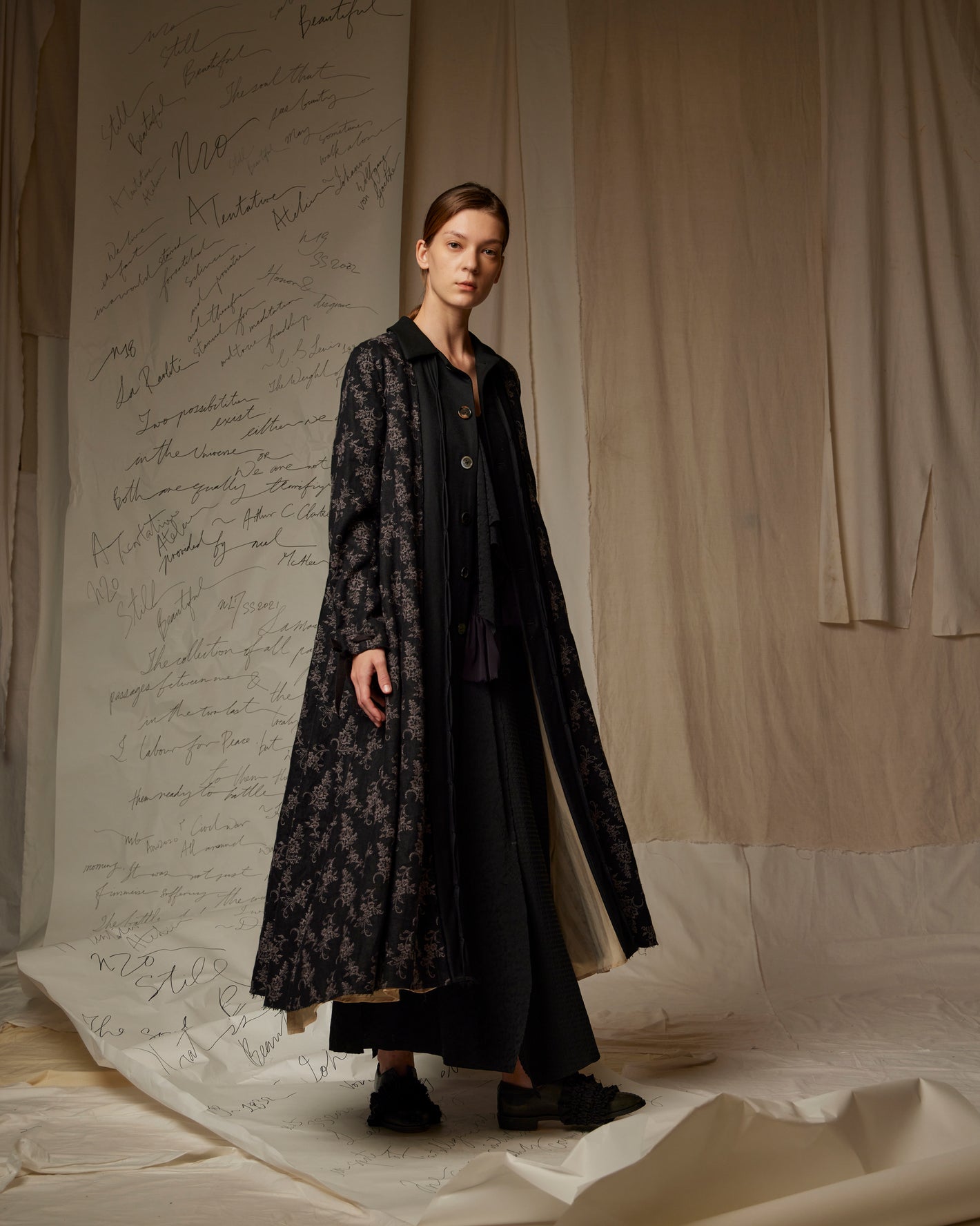 A Tentative Atelier SS23 Lookbook Womens black patterned coat