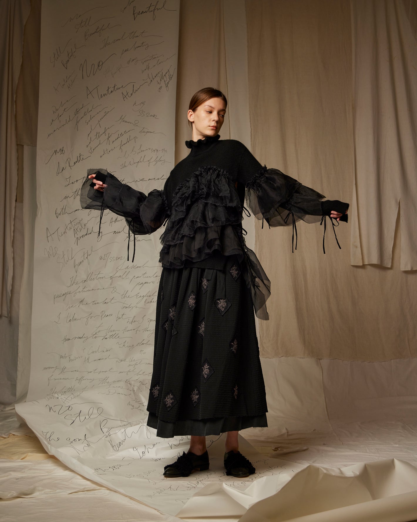 A Tentative Atelier AW22 Lookbook black tiered ruffles shirt and skirt