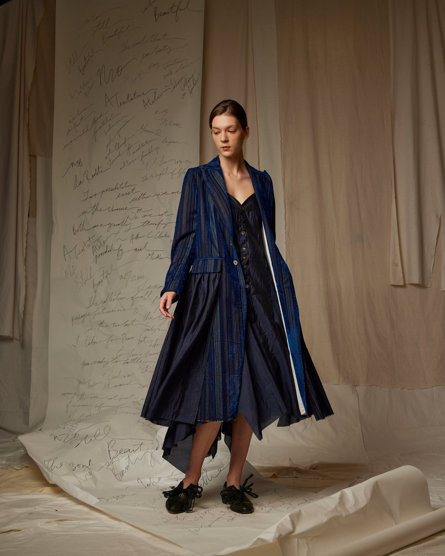A Tentative Atelier AW22 Lookbook blue striped velvet patchwork coat
