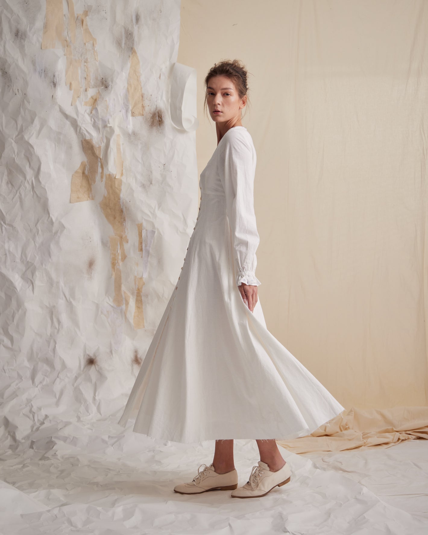 A Tentative Atelier SS23 Lookbook Womens white long sleeved buttoned dress