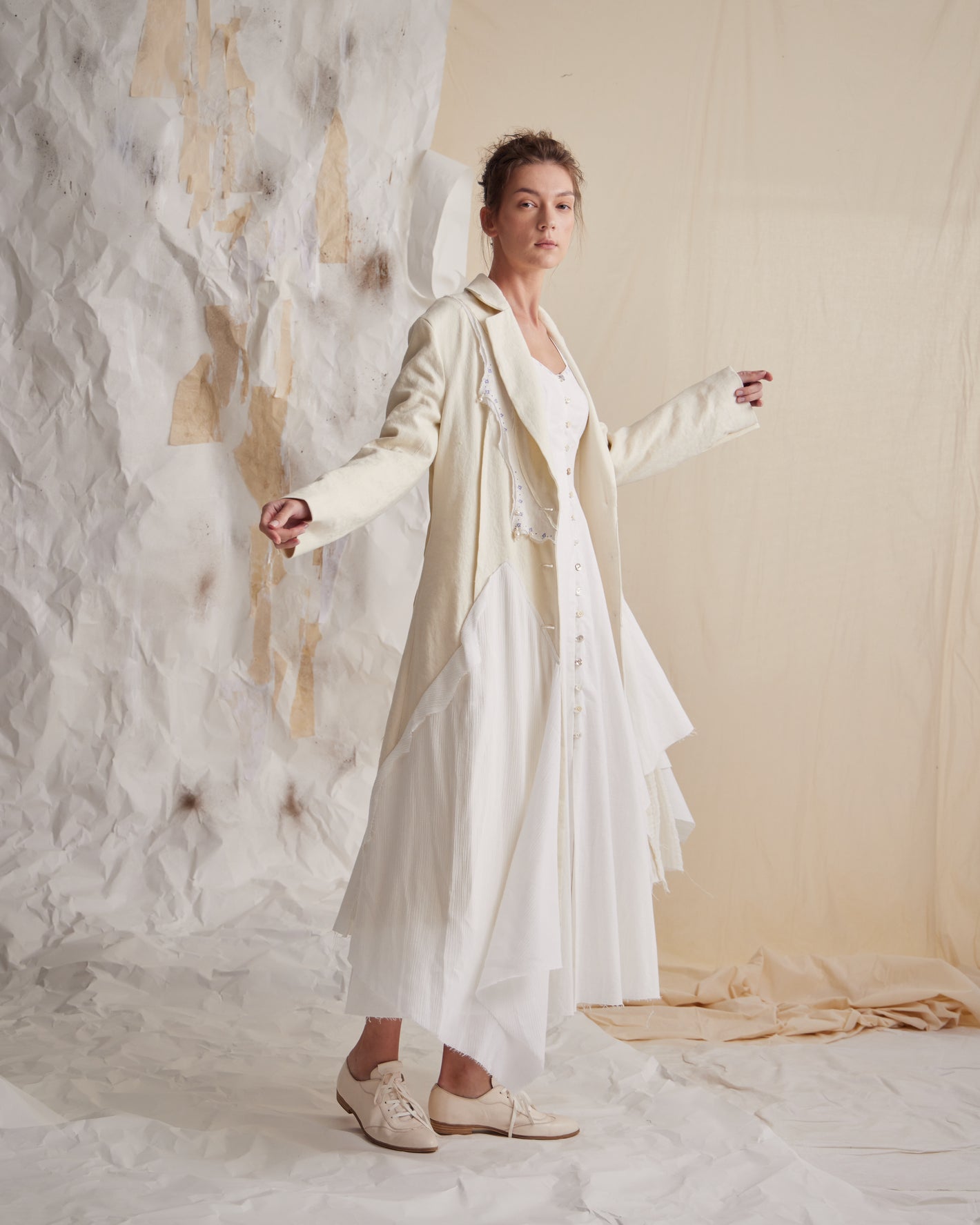 A Tentative Atelier SS23 Lookbook Womens Cream coat and white dress ensemble