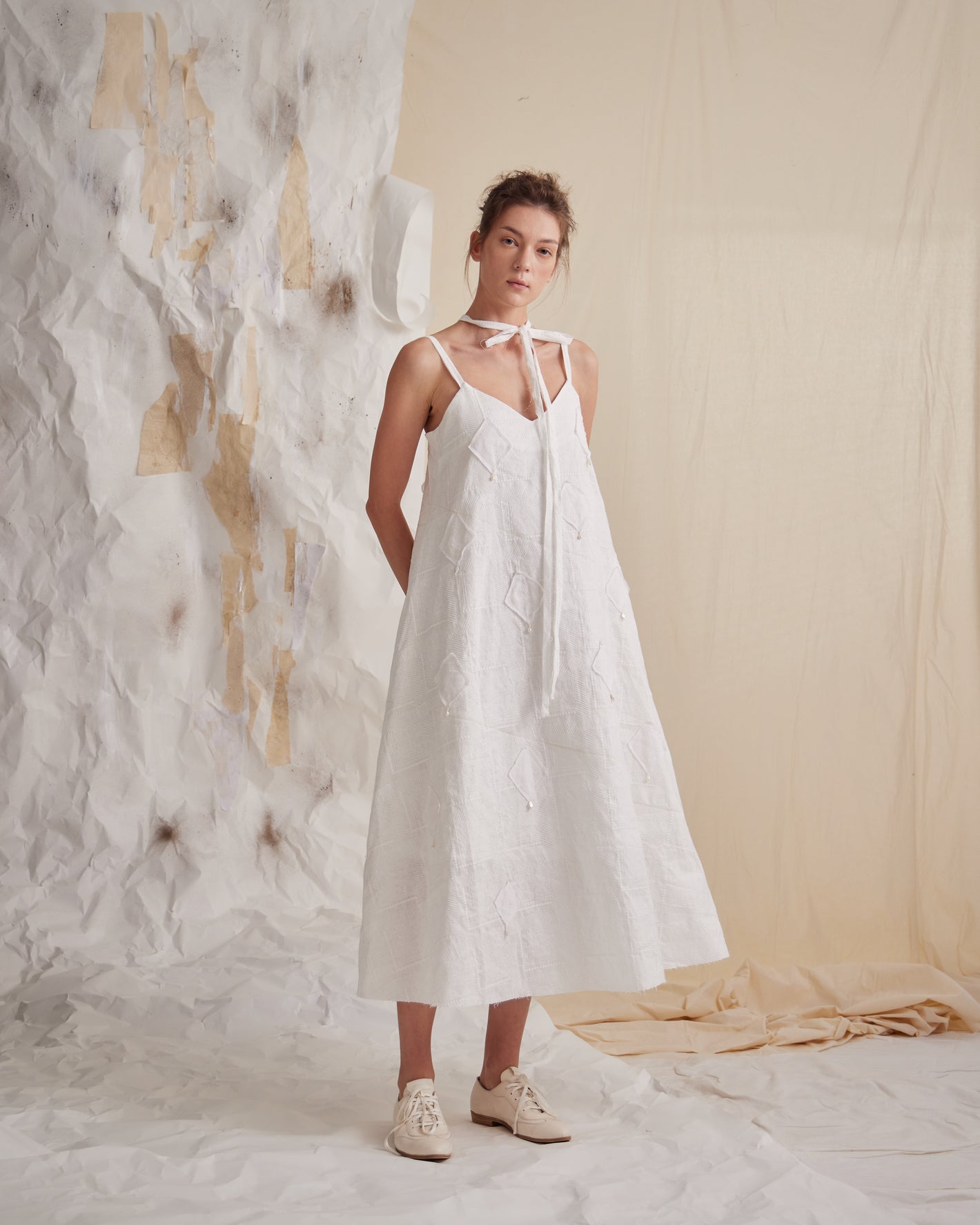 A Tentative Atelier SS23 Lookbook Womens white long strap dress with neck tie detail