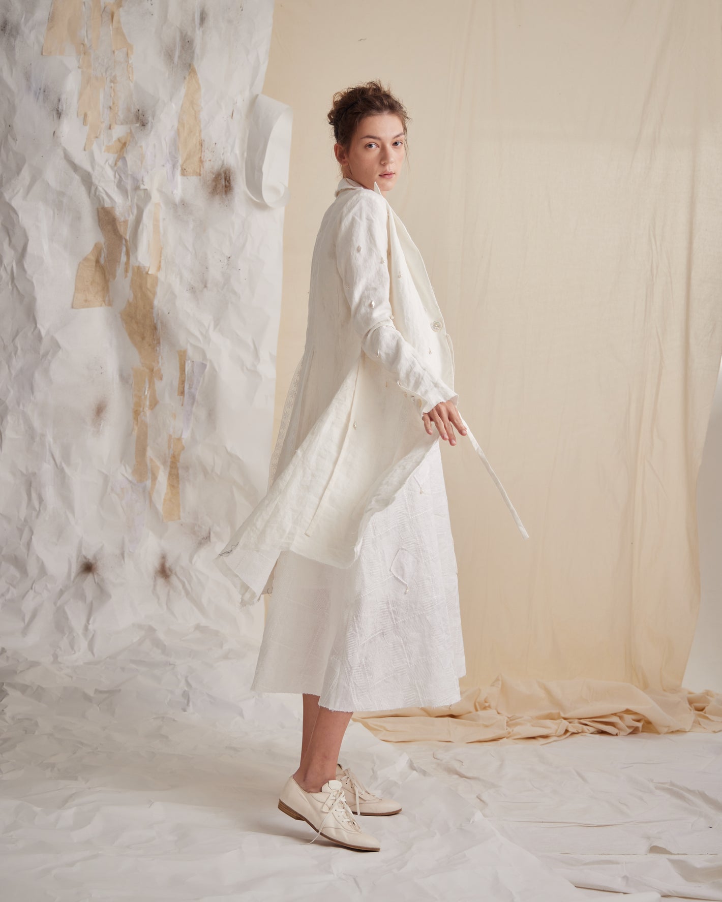 A Tentative Atelier SS23 Lookbook Womens white coat with pearl pendants
