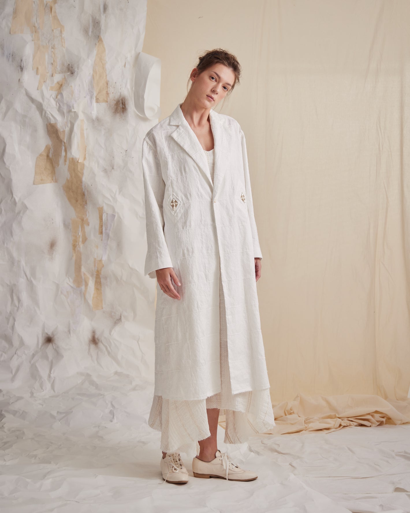 A Tentative Atelier SS23 Lookbook Womens long white embroidered coat