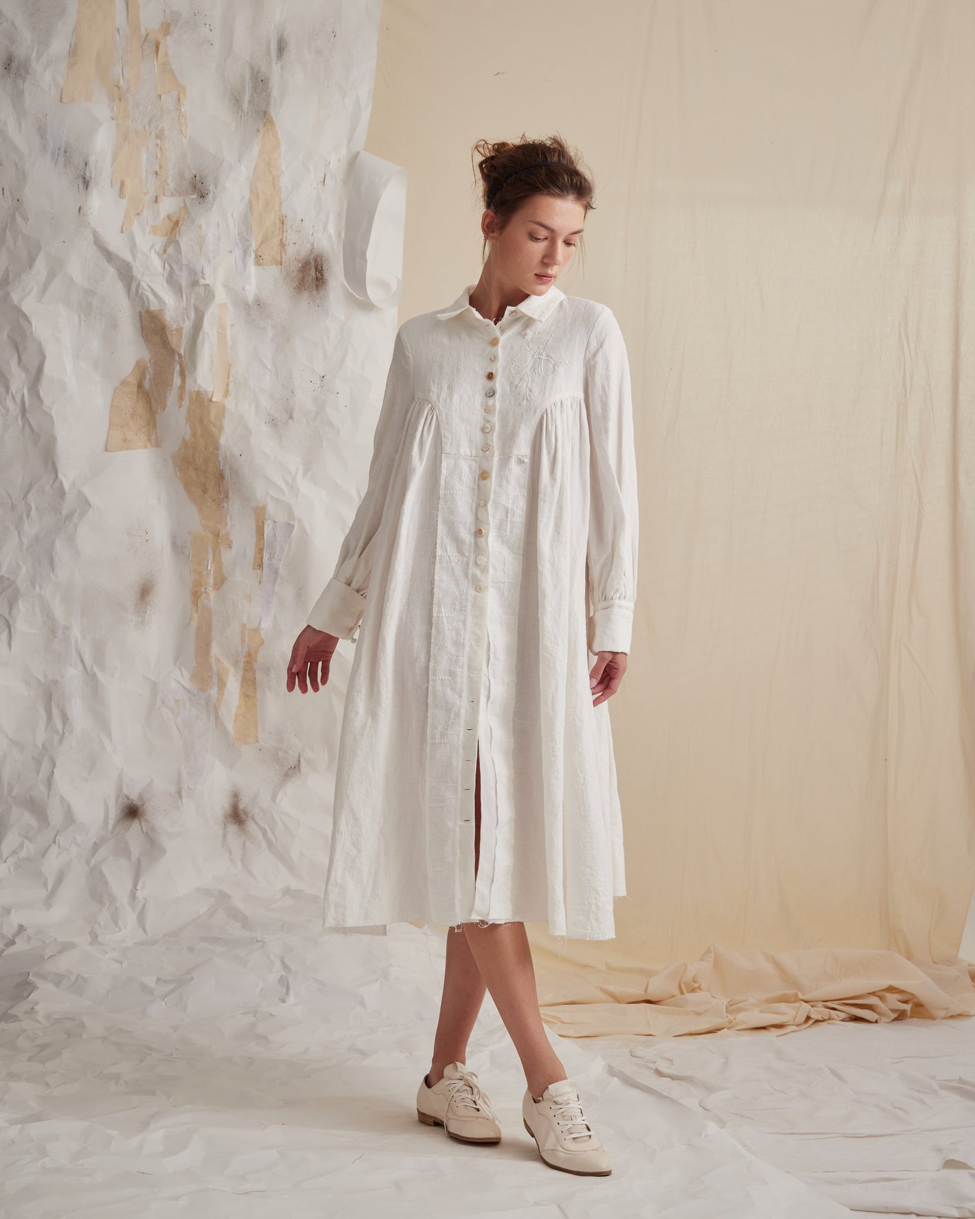 A Tentative Atelier SS23 Lookbook white midi shirt dress