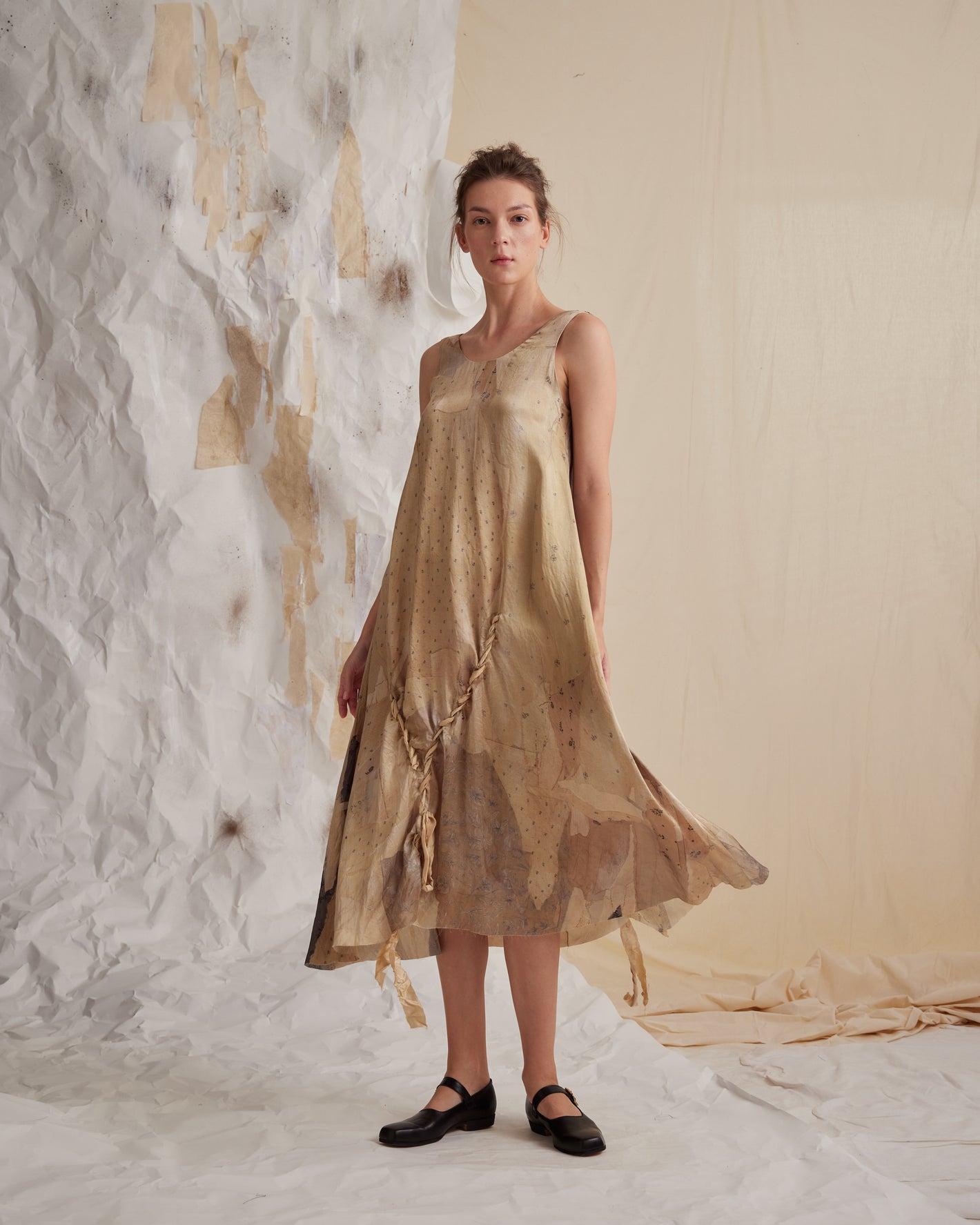 A Tentative Atelier SS23 Lookbook beige printed silk sleeveless dress