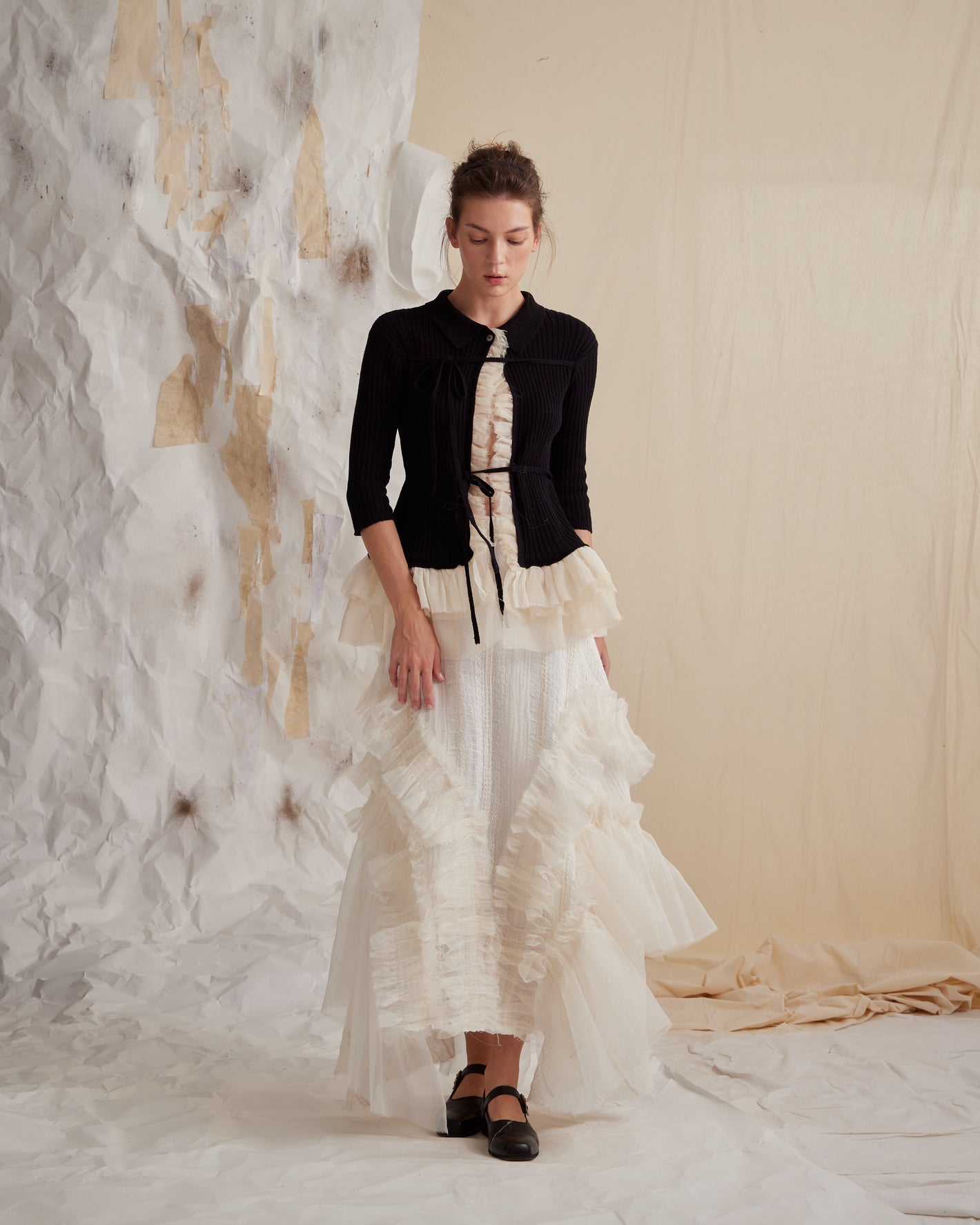 A Tentative Atelier SS23 Lookbook black ruffles cardigan and white ruffles skirt