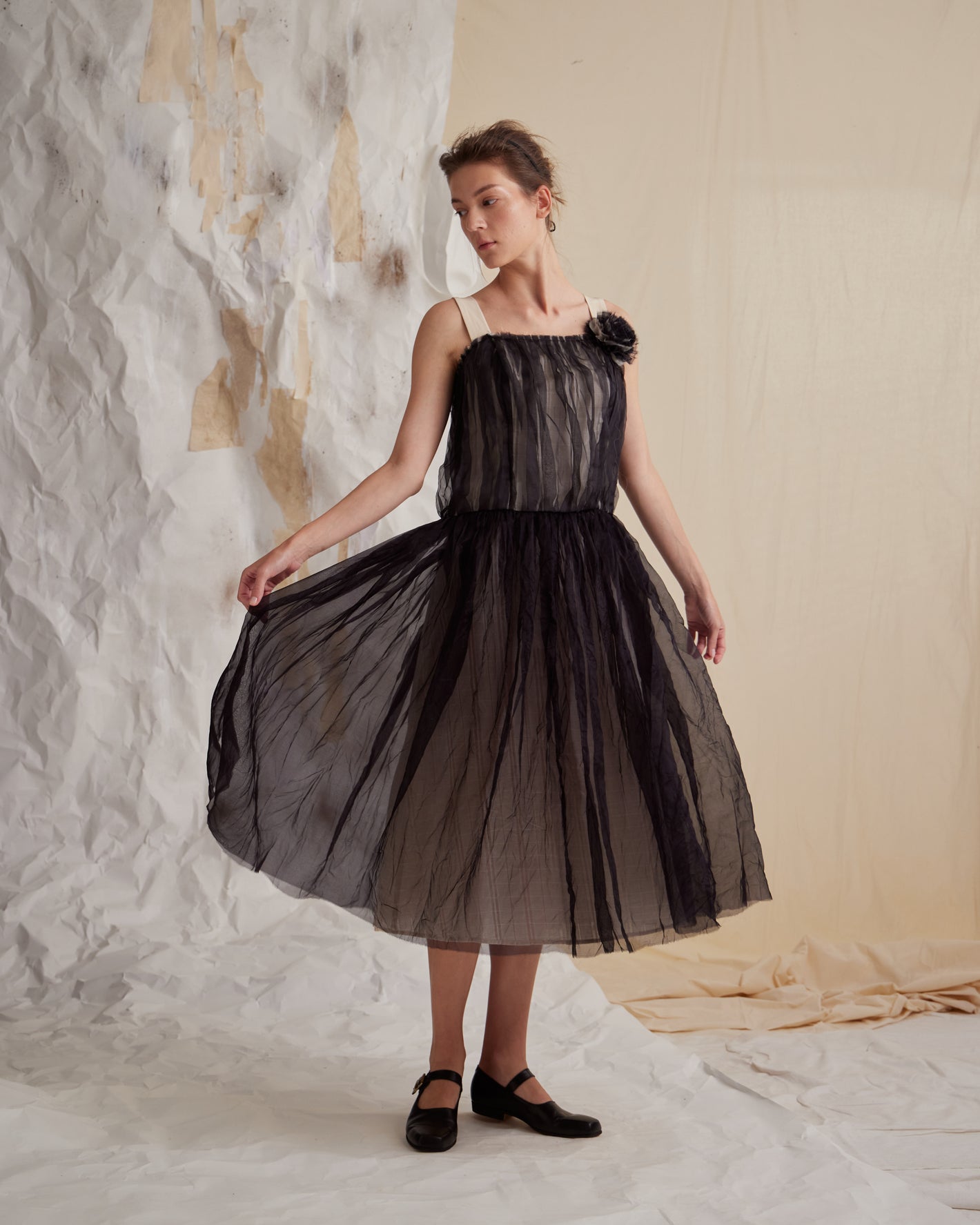 A Tentative Atelier SS23 Lookbook black tulle dress with flower appliqué