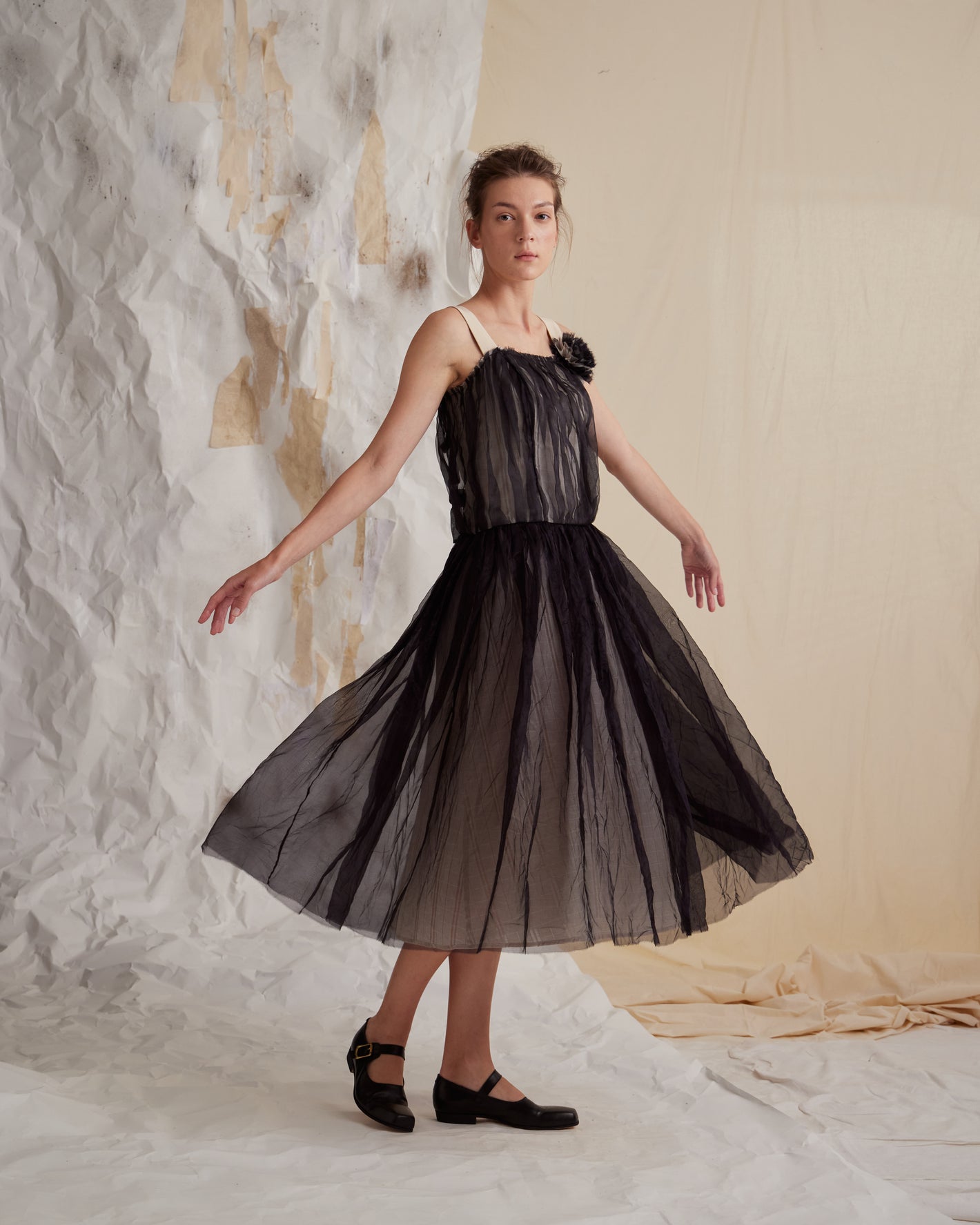 A Tentative Atelier SS23 Lookbook black tulle dress with flower appliqué 