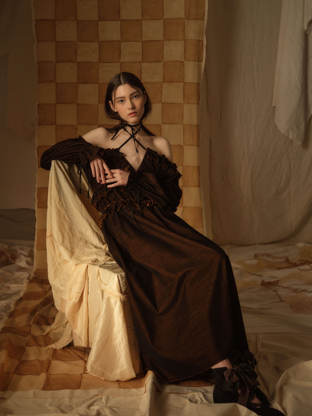 A Tentative Atelier AW21 Lookbook Womens criss cross halter chocolate brown long dress
