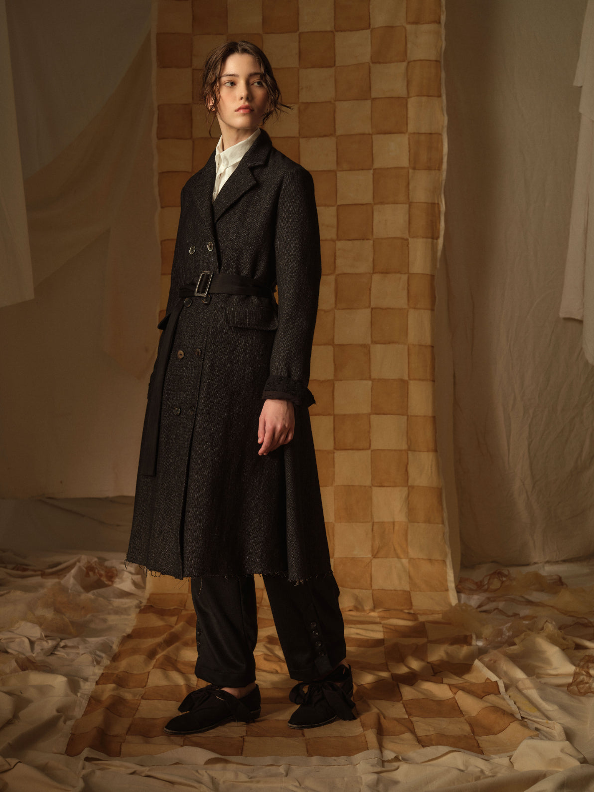 A Tentative Atelier AW21 Lookbook Womens black double breasted belted coat