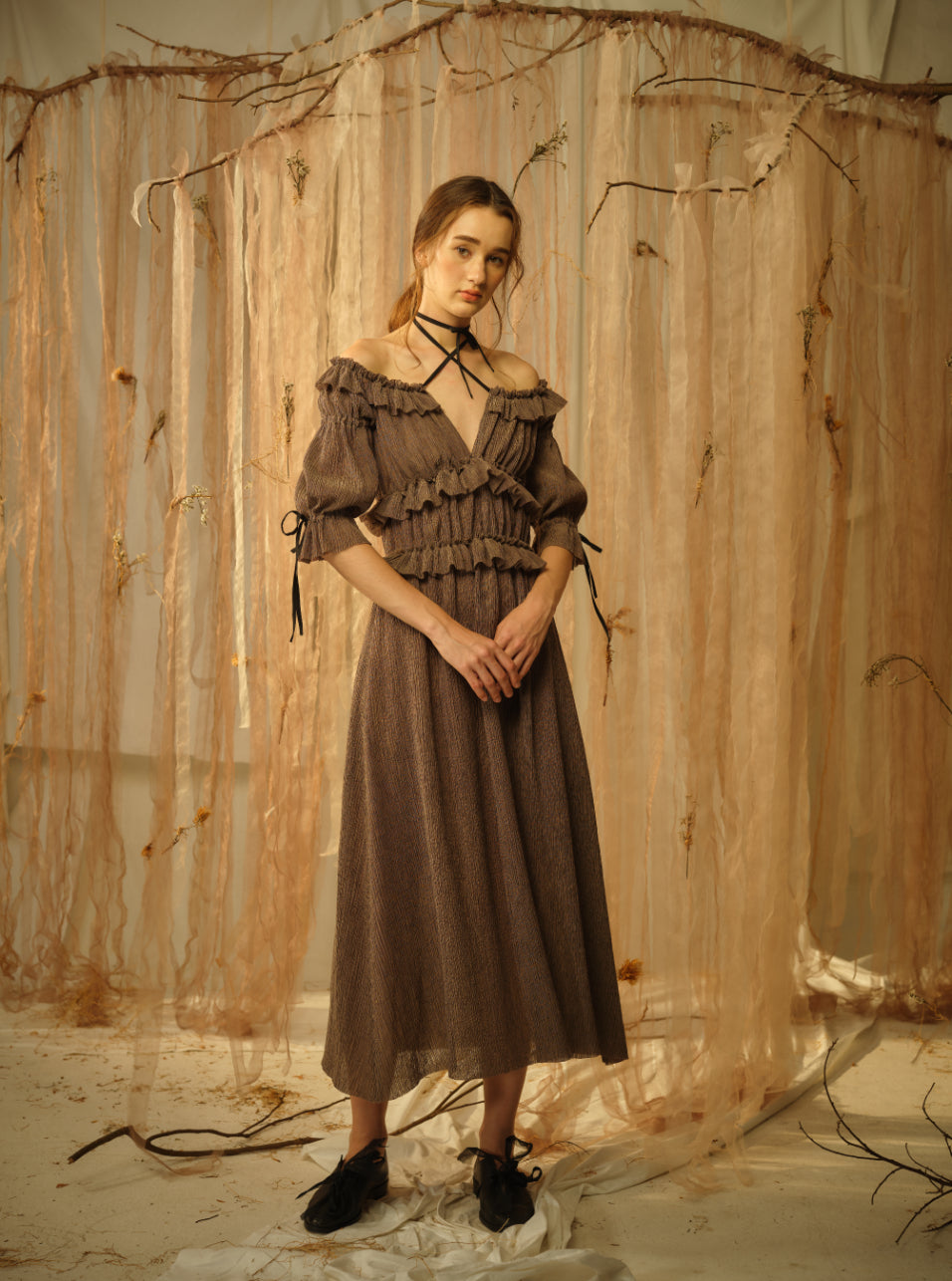 A Tentative Atelier SS21 Lookbook Womens brown criss cross halter dress with ruffles