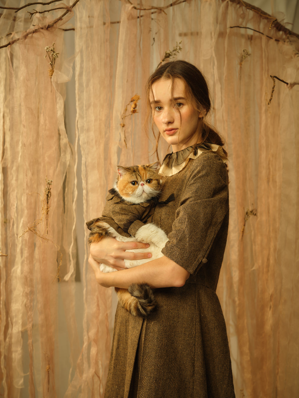A Tentative Atelier SS21 Lookbook Womens ruffle collar brown dress and cat in matching outfit