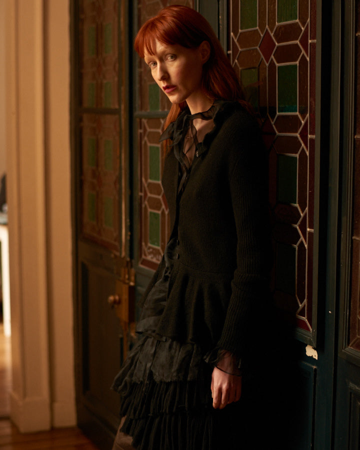 A Tentative Atelier AW20 Lookbook Womens crop of a black jacket and ruffle dress
