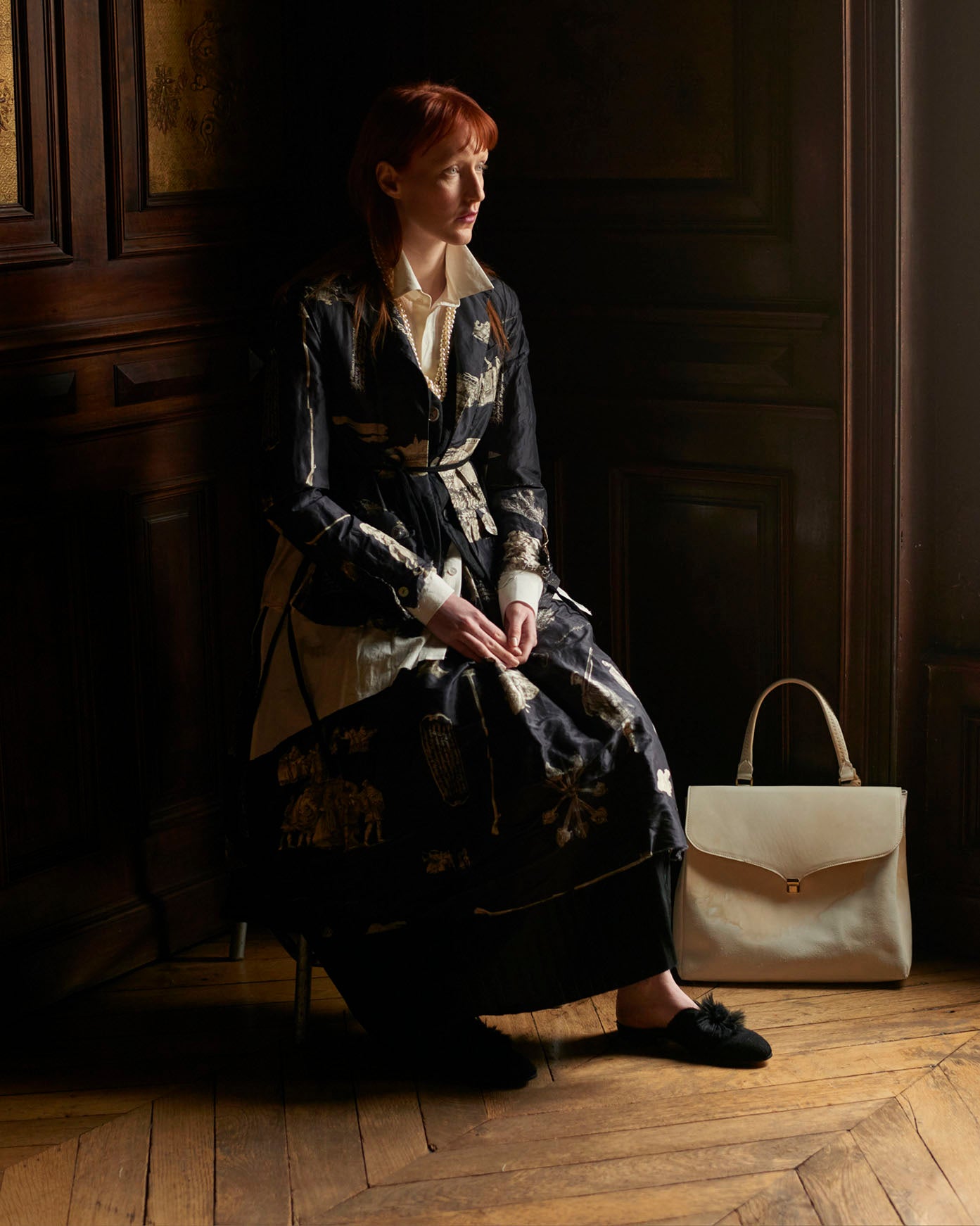 A Tentative Atelier AW20 Lookbook Womens black and gold silk printed coat 1