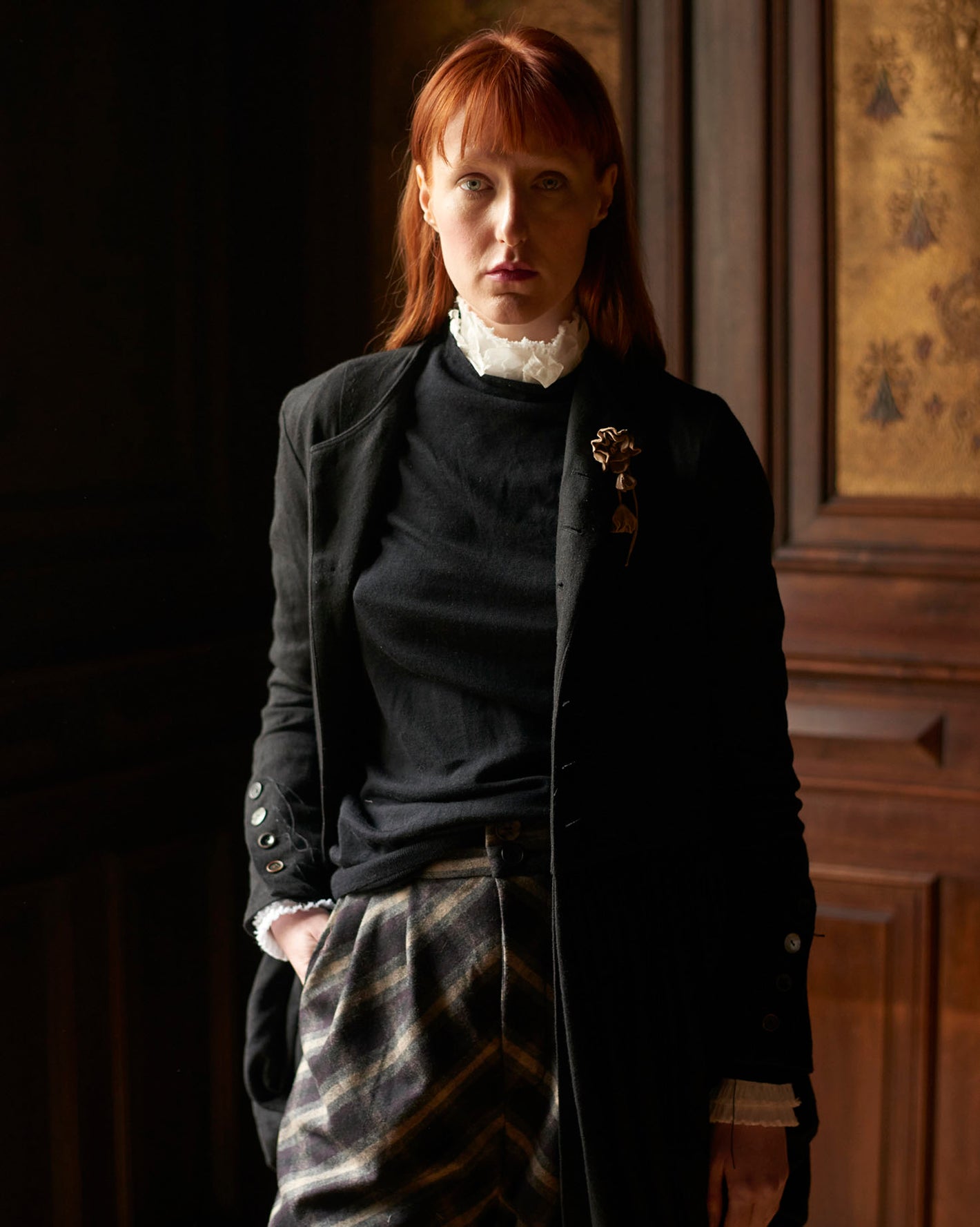 A Tentative Atelier AW20 Lookbook Womens crop of a black jacket, black jumper and white high collar shirt