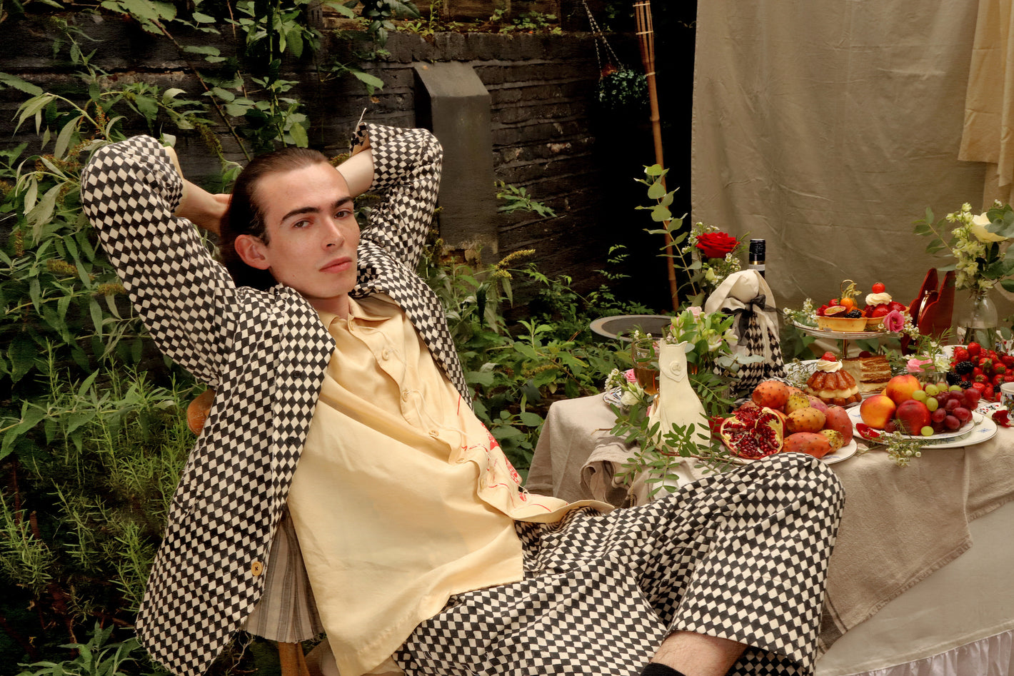 A Tentative Atelier SS24 Lookbook Mens checked suit and embroidered shirt