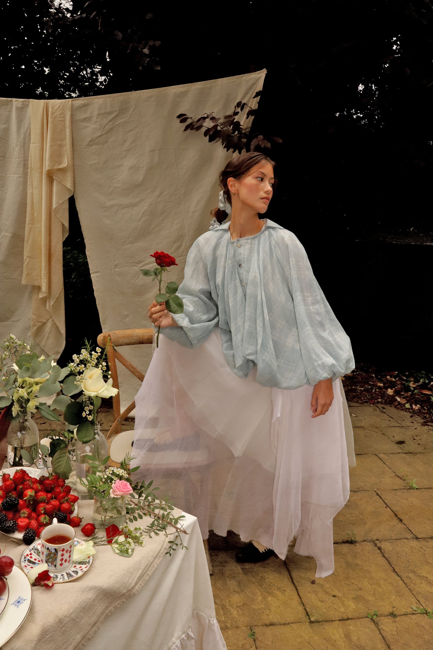 A Tentative Atelier SS24 Lookbook Womens checked powder blue top and white tulle skirt