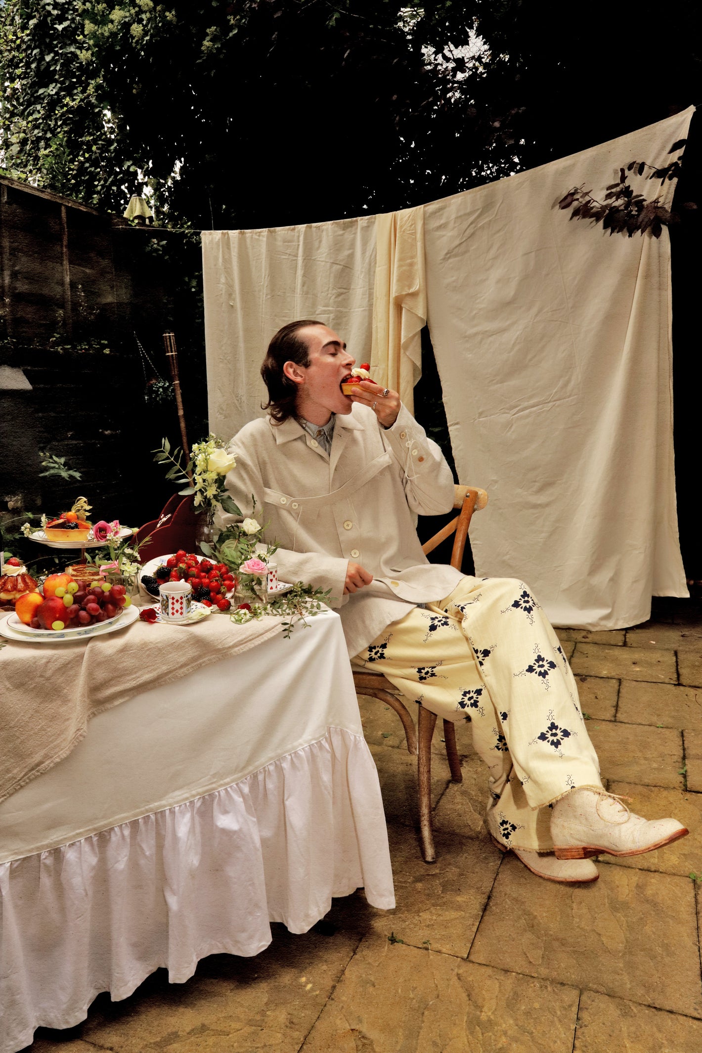 A Tentative Atelier SS24 Lookbook Mens white jacket and print trouser