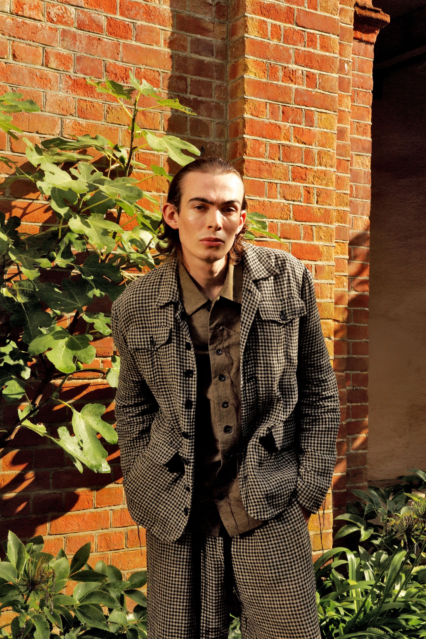 A Tentative Atelier SS24 Lookbook Mens crop of checked suit and brown shirt