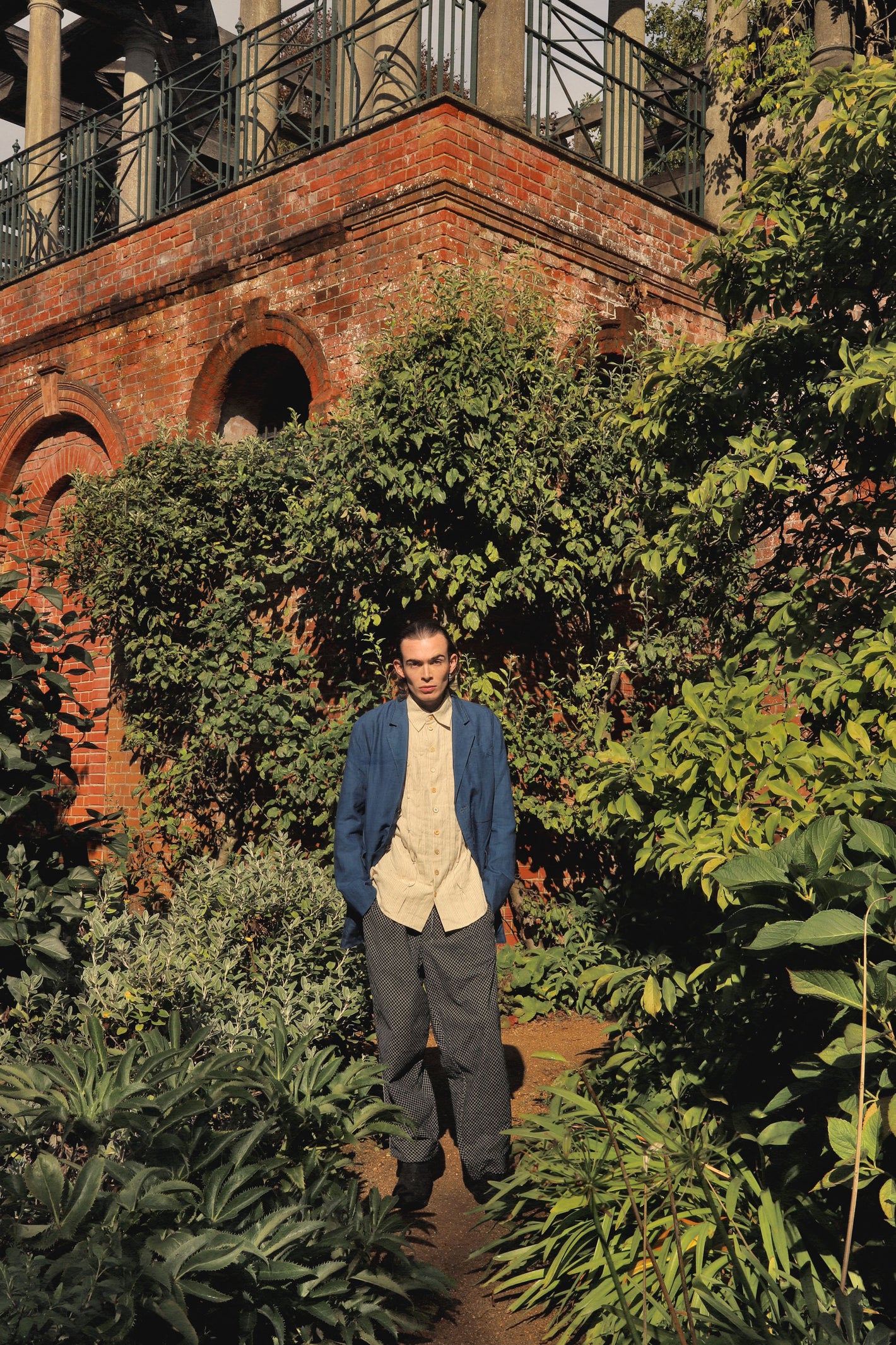 A Tentative Atelier SS24 Lookbook Mens blue jacket and taupe shirt