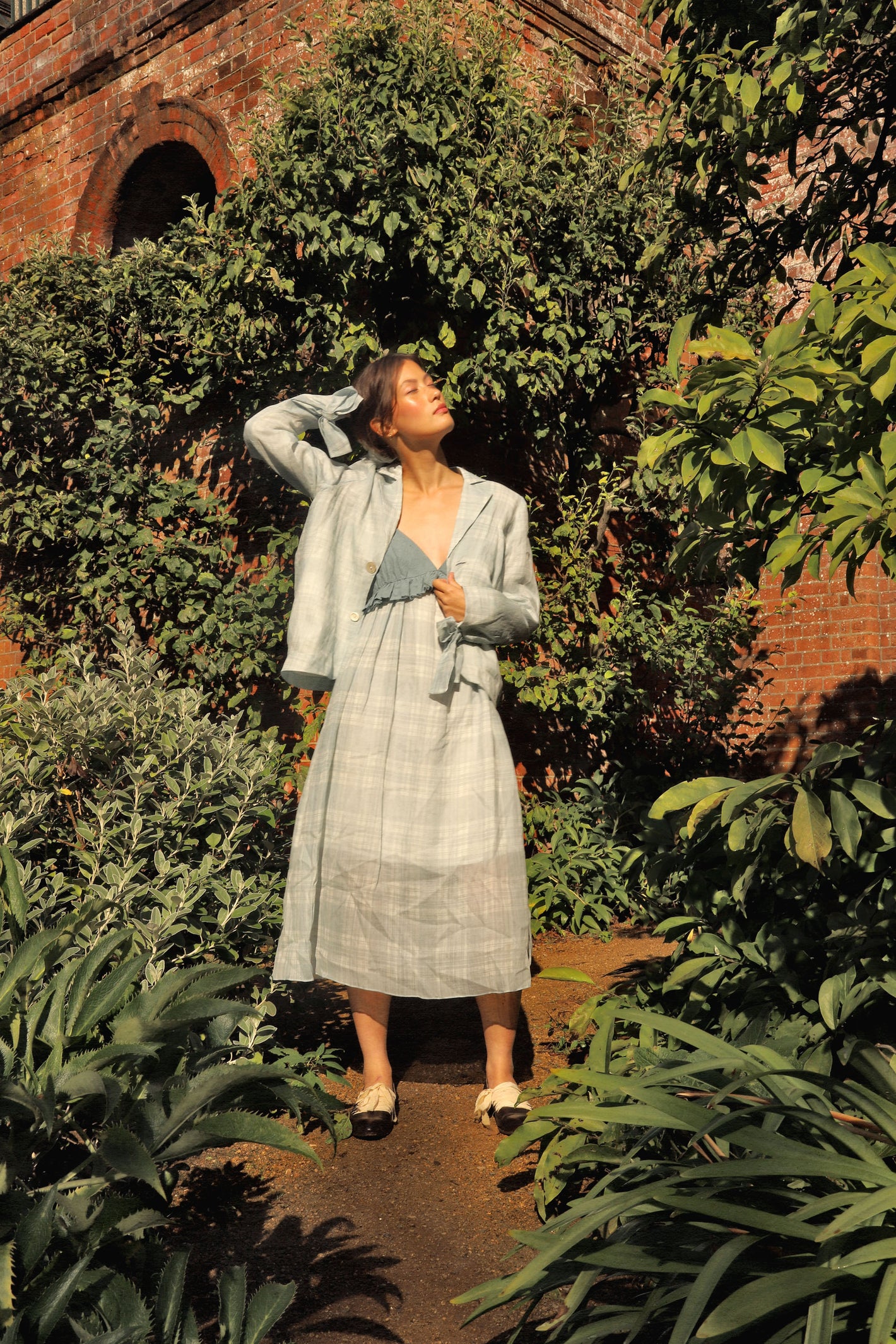 A Tentative Atelier SS24 Lookbook Womens checked powder blue jacket and dress