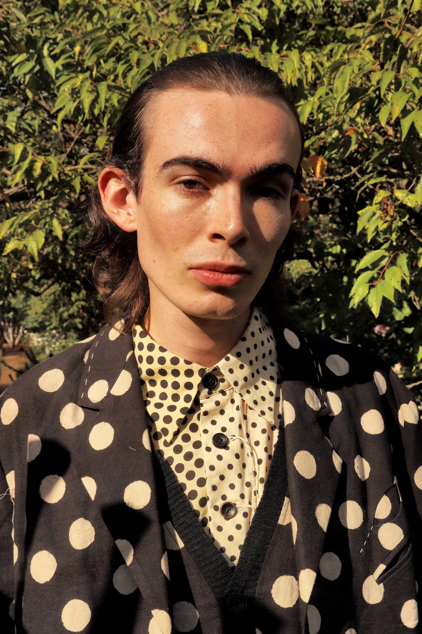 A Tentative Atelier SS24 Lookbook Mens crop of oversized polka dot jacket and shirt