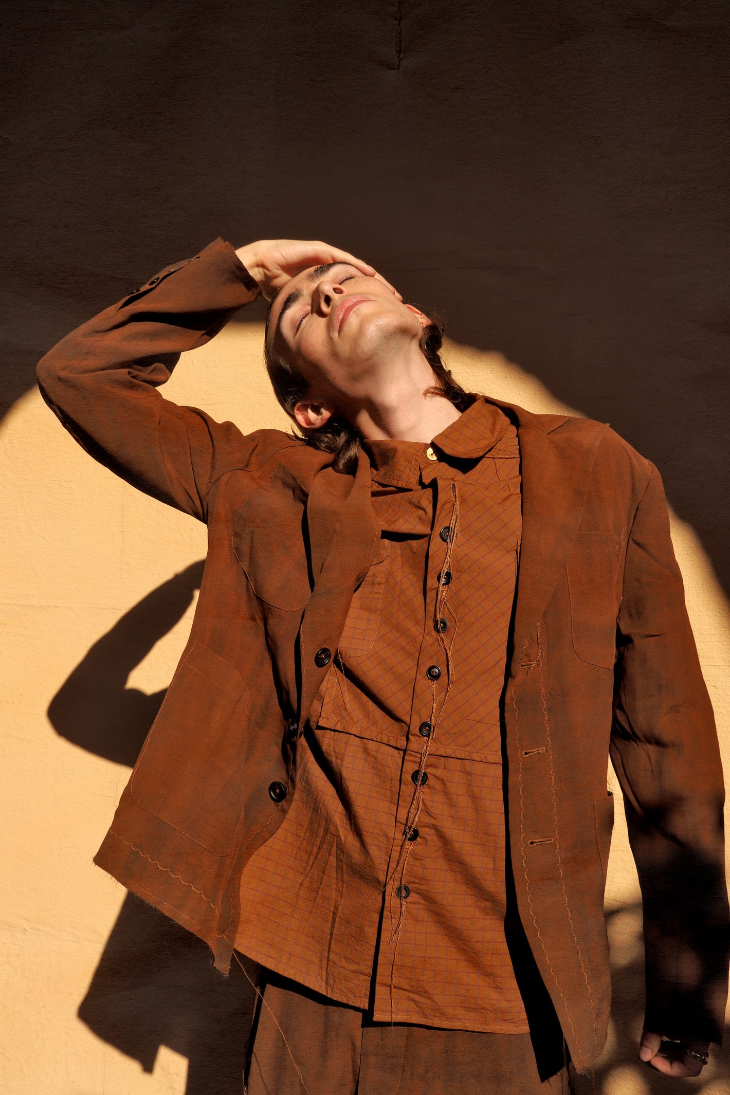 A Tentative Atelier SS24 Lookbook Mens crop of rust red jacket and shirt