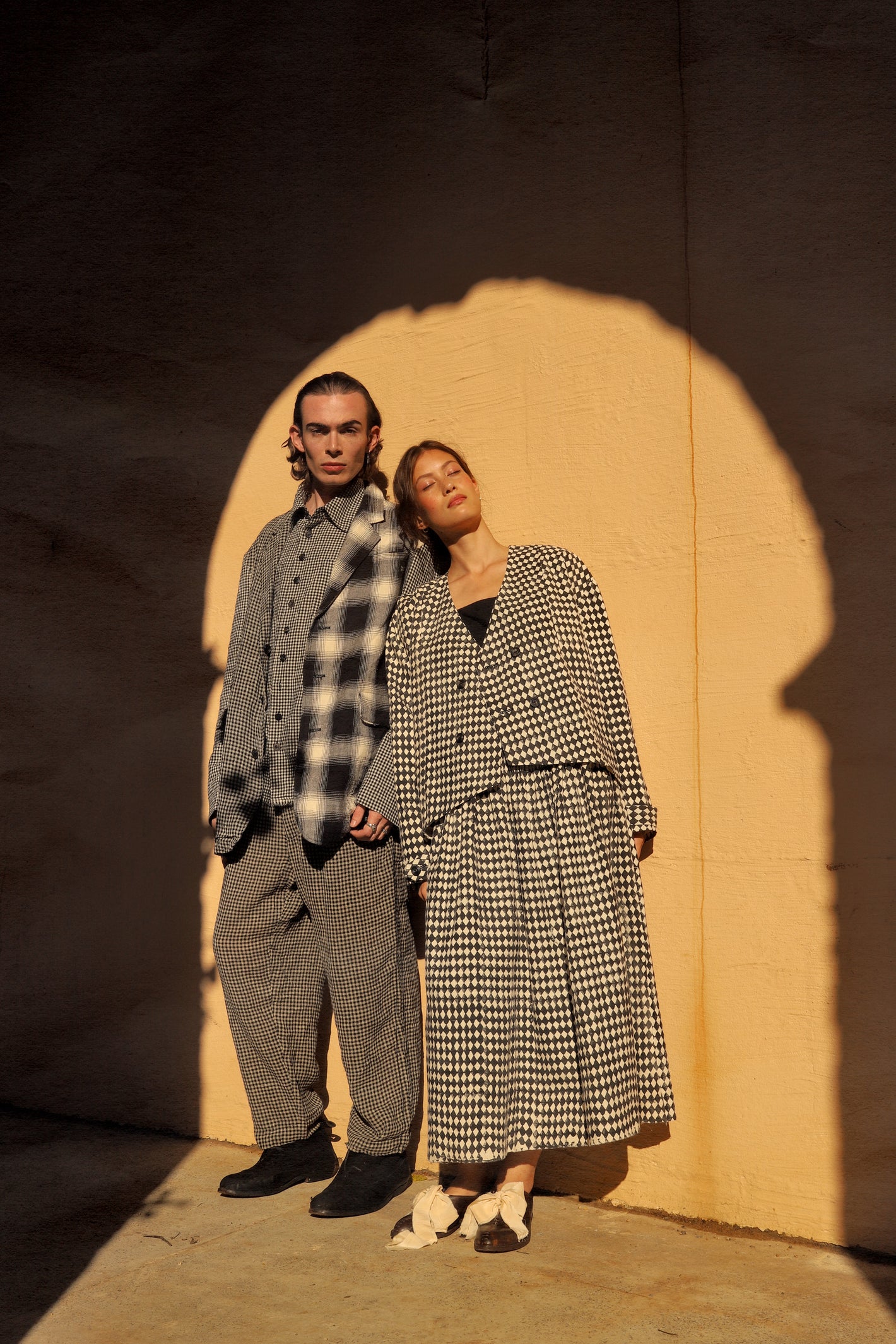 A Tentative Atelier SS24 Lookbook Mens and Womens monochrome check ensembles