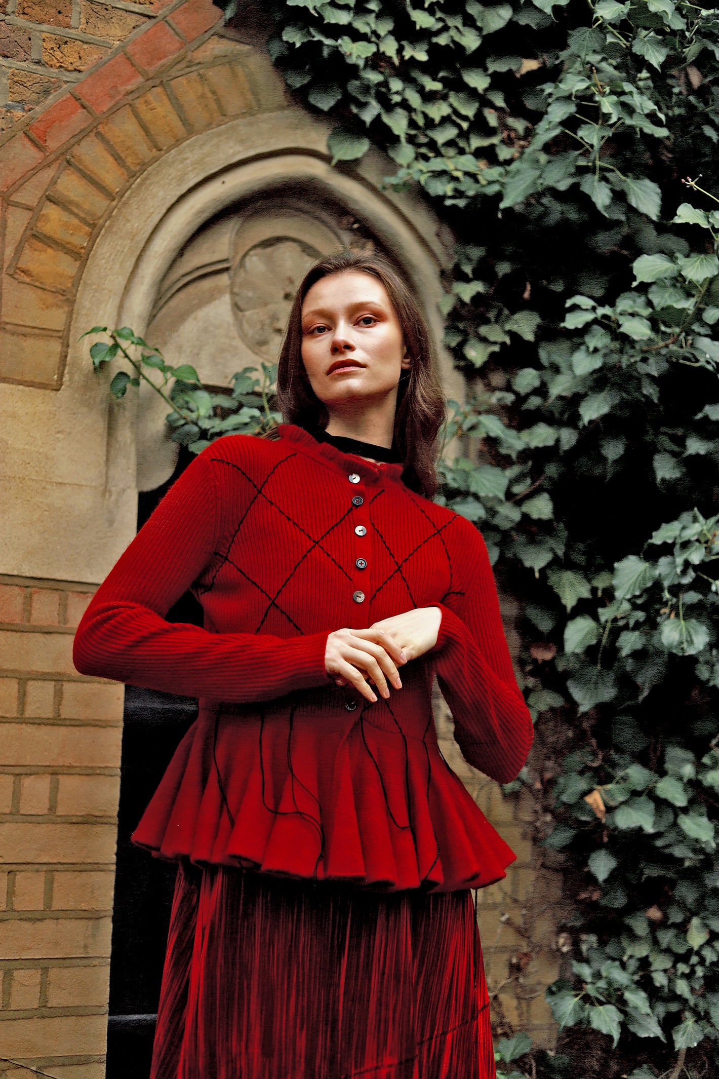 A Tentative Atelier AW23 Lookbook Womens red diamond peplum cardigan