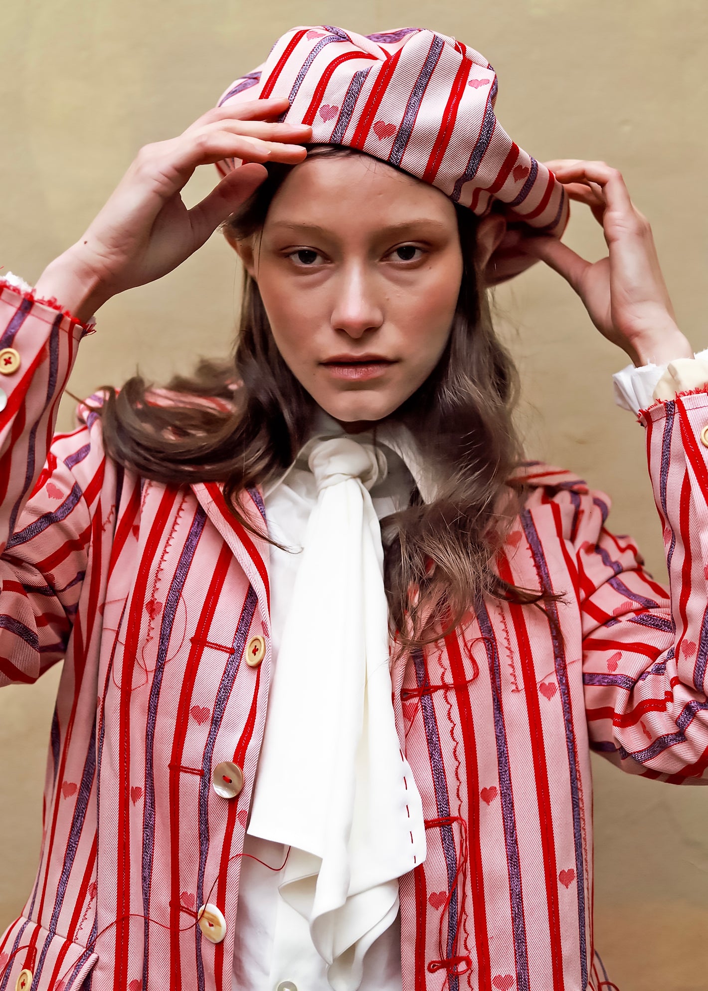 A Tentative Atelier AW23 Lookbook Womens red and purple stripe beret and jacket
