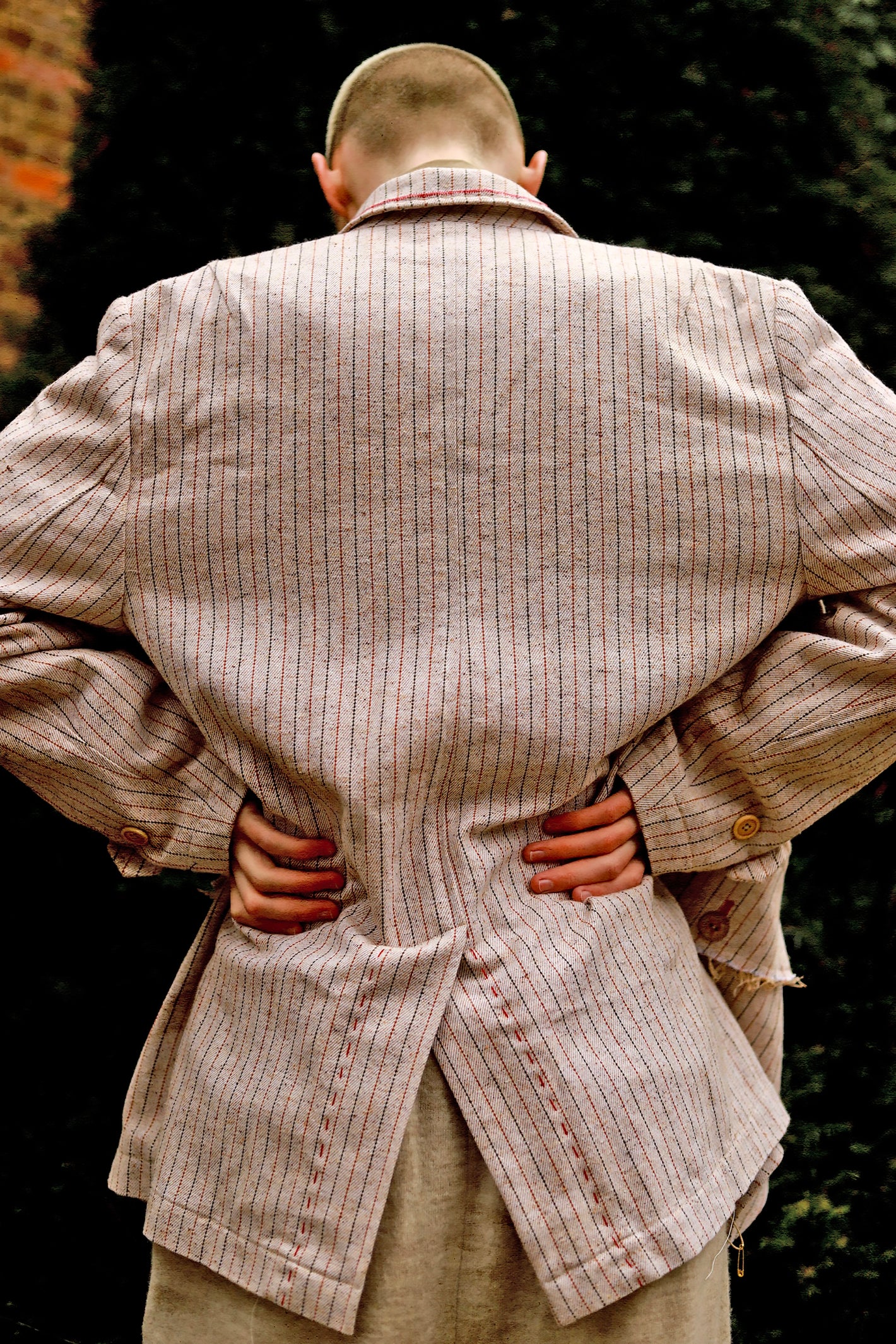 A Tentative Atelier AW23 Lookbook Mens crop of stripe jacket from behind