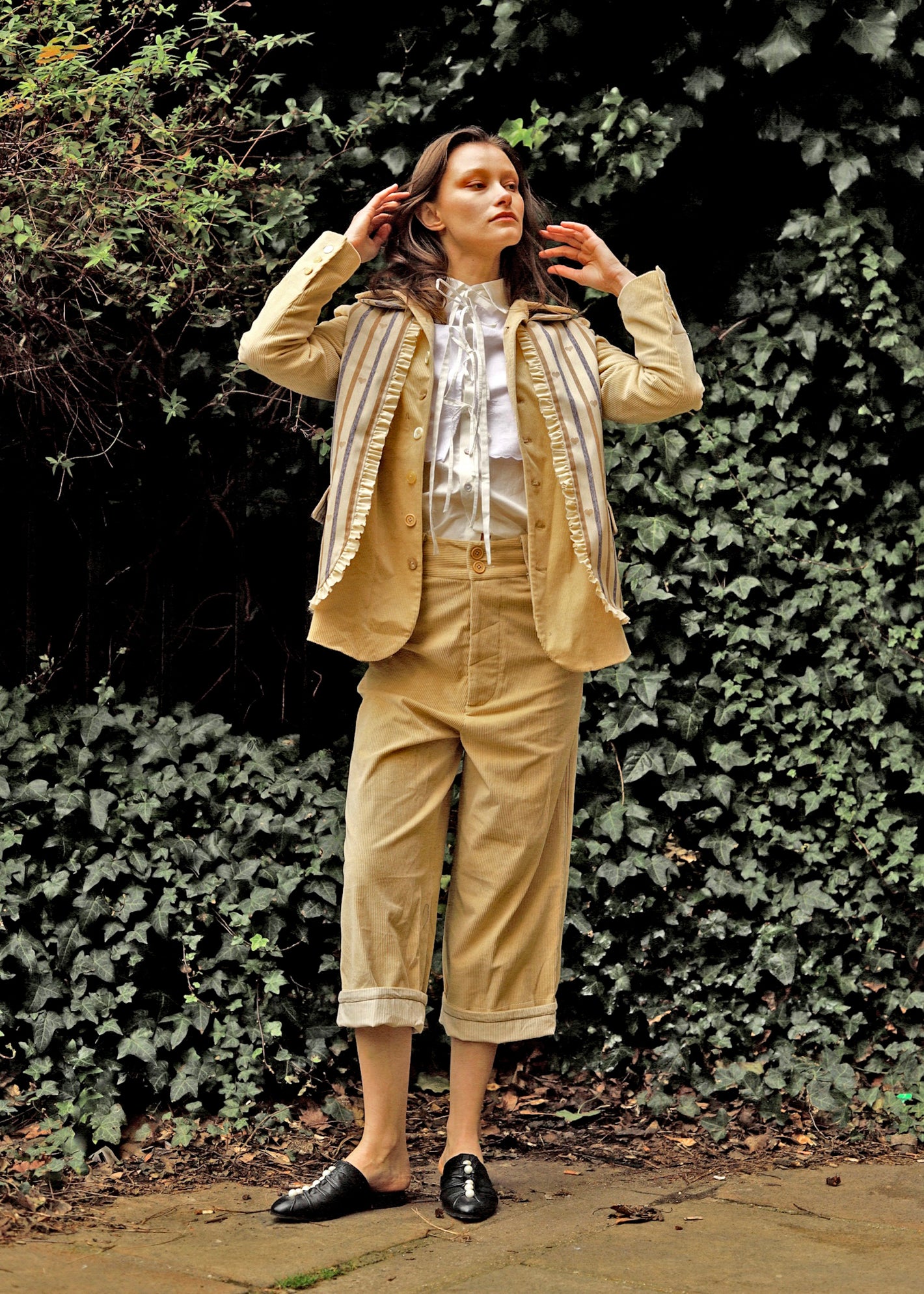 A Tentative Atelier AW23 Lookbook Womens ruffle waistcoat and brown corduroy suit ensemble