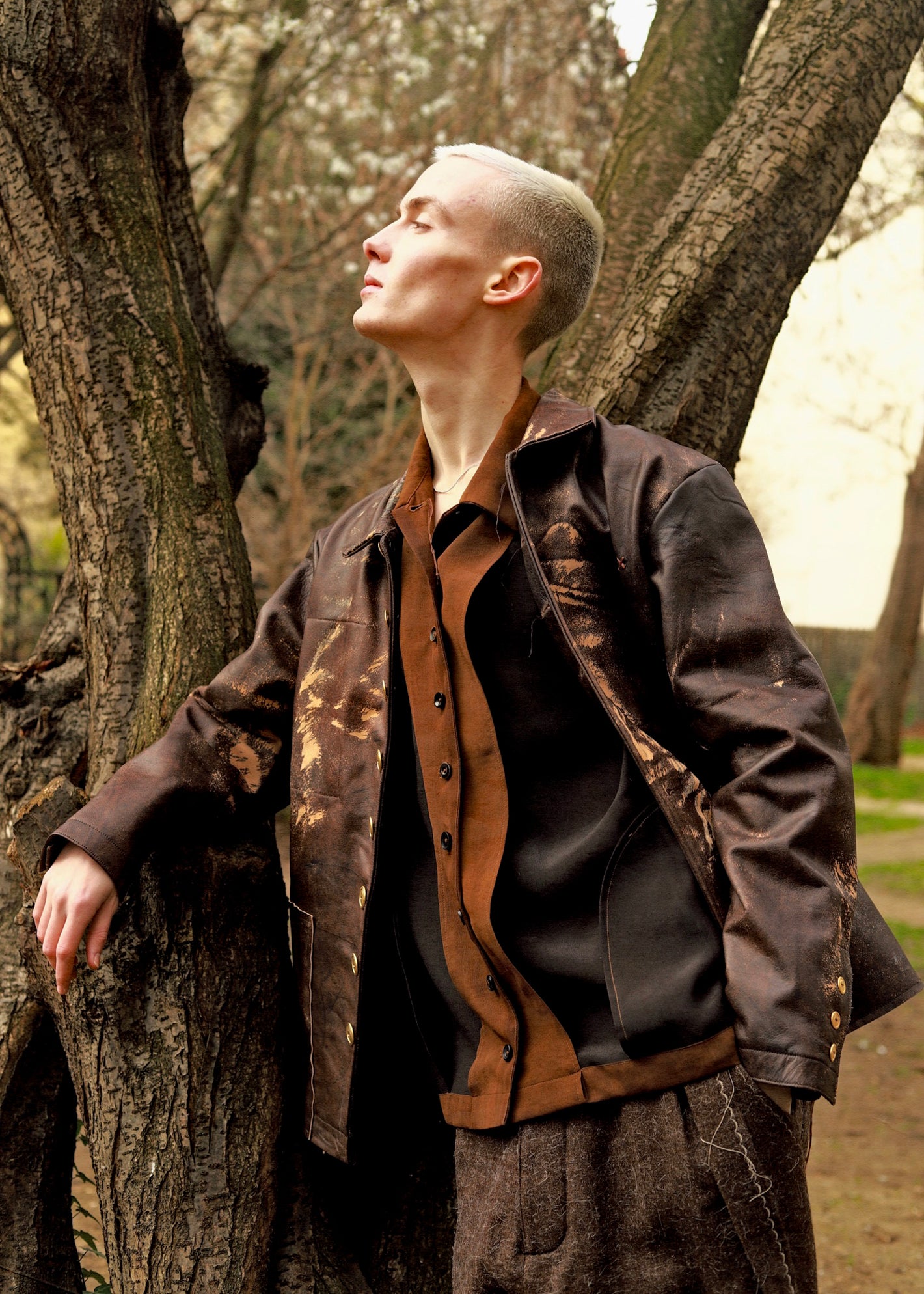 A Tentative Atelier AW23 Lookbook Mens printed brown jacket crop