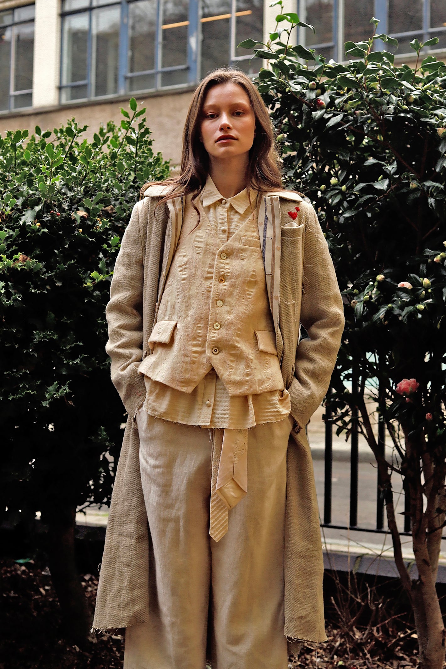 A Tentative Atelier AW23 Lookbook Womens brown coat and waistcoat crop