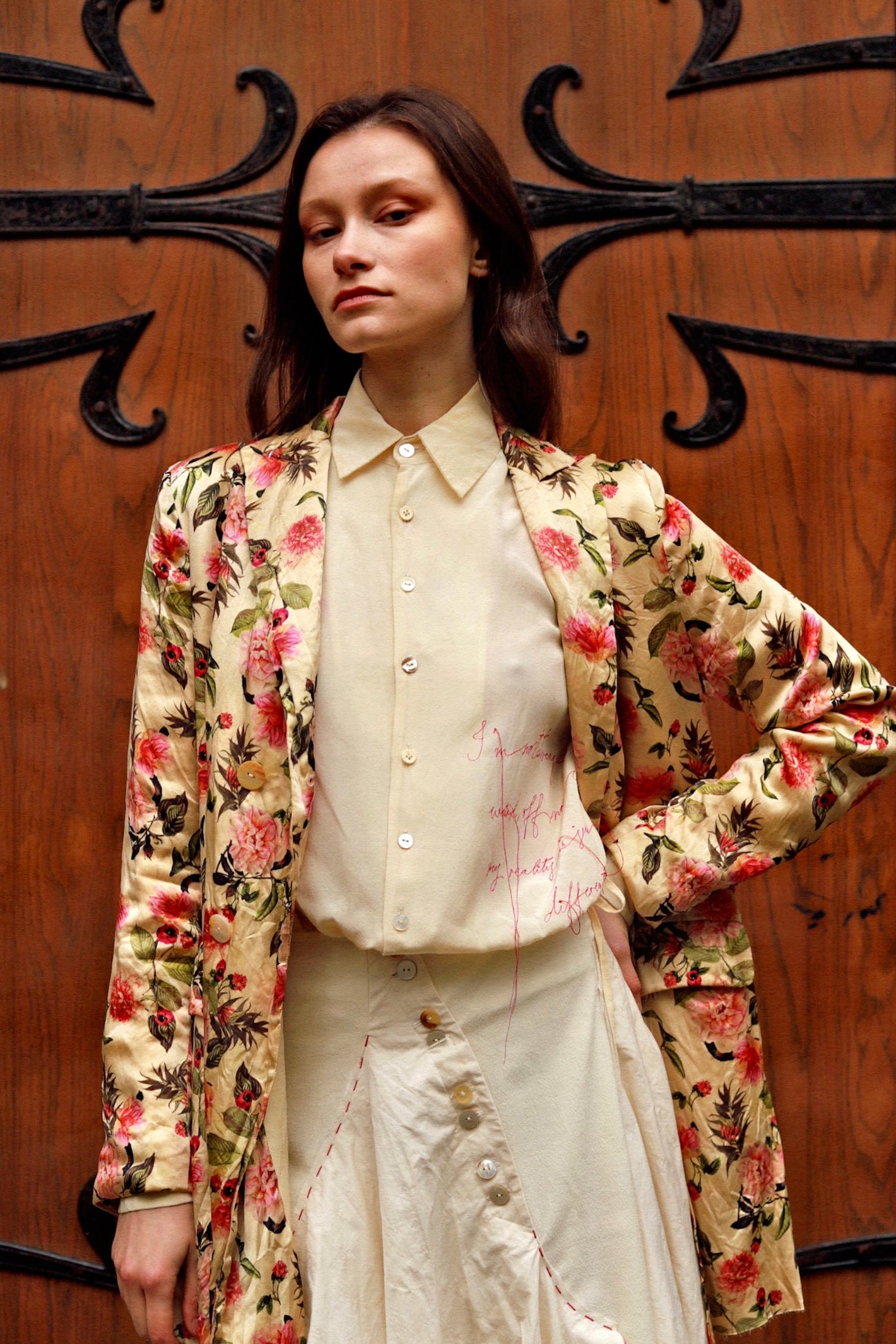 A Tentative Atelier AW23 Lookbook Womens floral silk coat and embroidered cream shirt crop