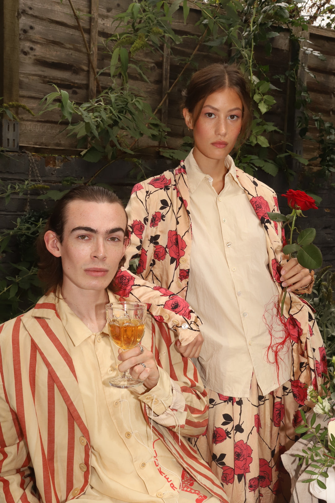 A Tentative Atelier SS24 Lookbook detail, red wide striped fabric and pink rose print
