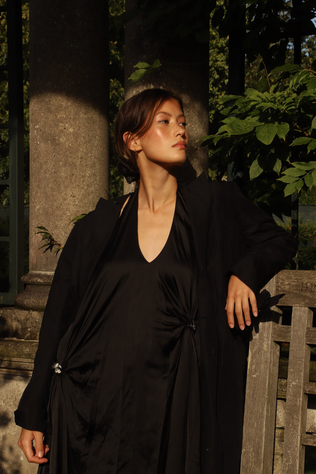 A Tentative Atelier SS24 Lookbook detail, Womens black silk gathered dress