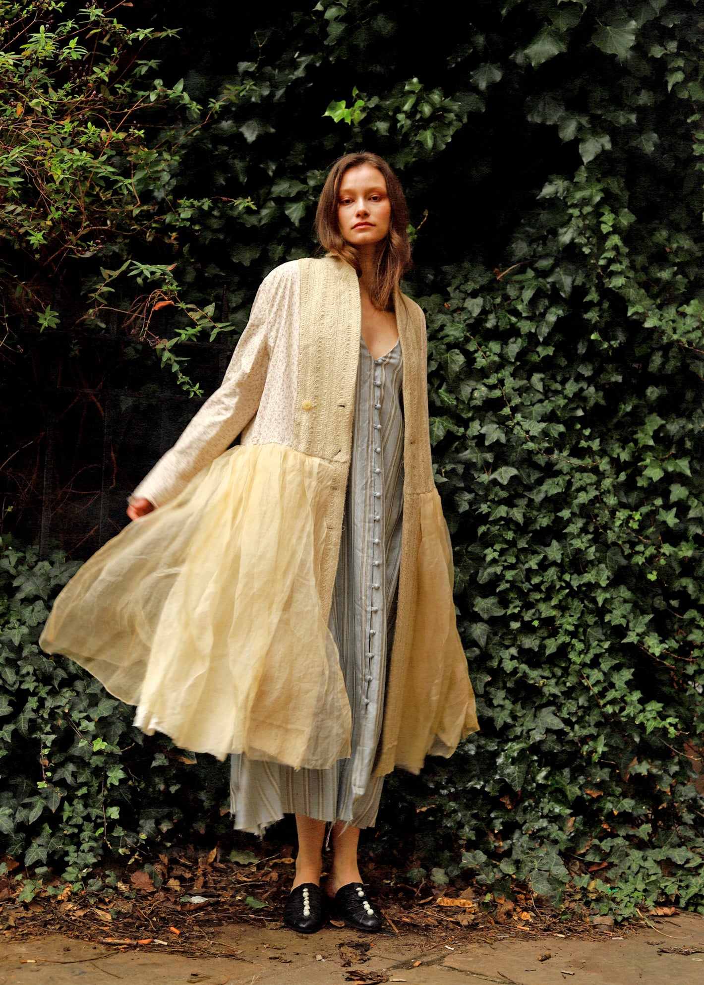A Tentative Atelier AW23 Womens layered coat and stripe dress