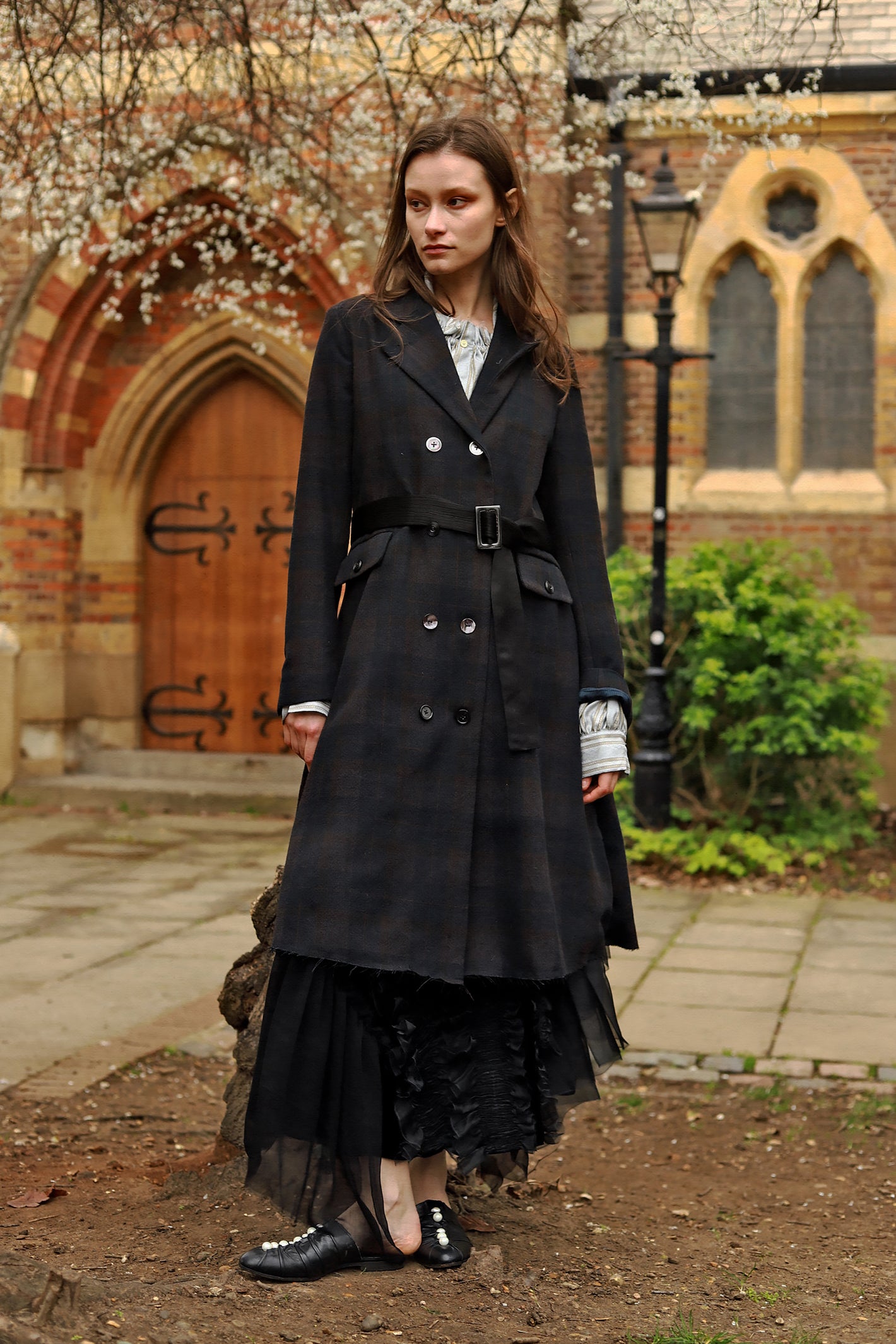 A Tentative Atelier AW23 Lookbook Womens dark check double breasted belted coat