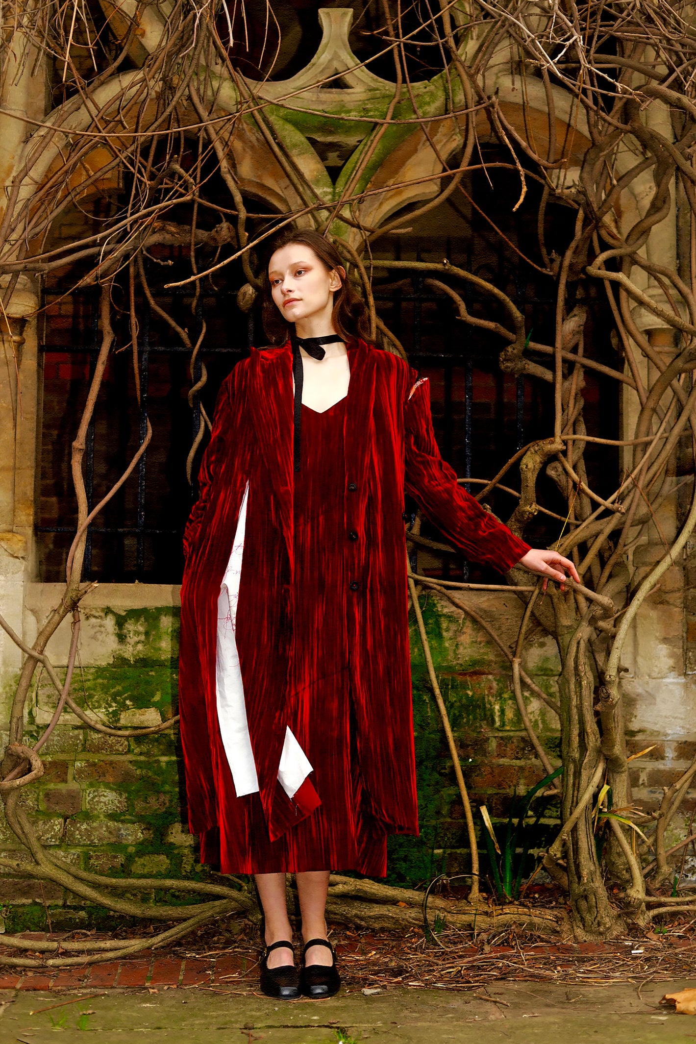 A Tentative Atelier AW23 Lookbook Womens red long velvet coat and dress ensemble