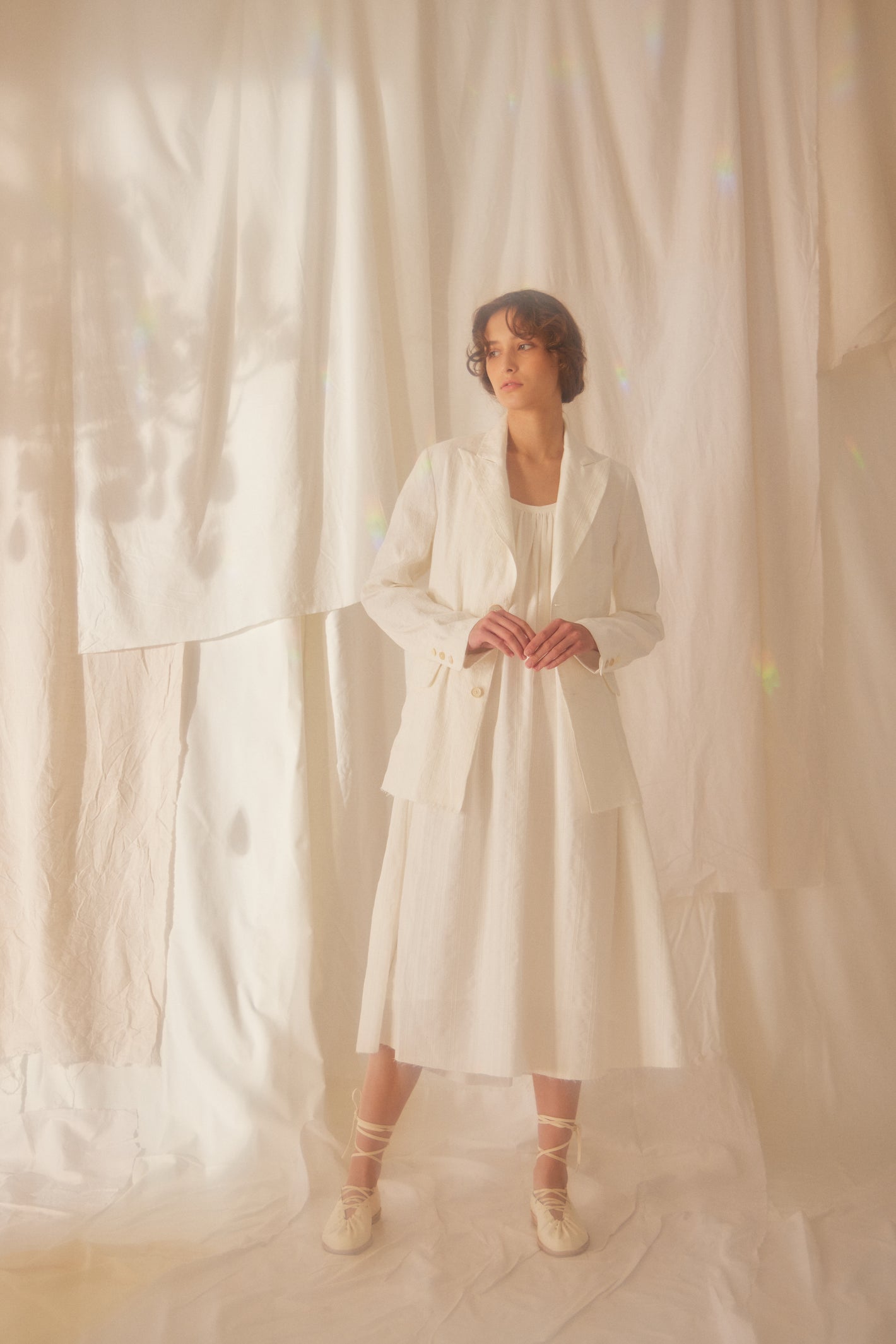 A Tentative Atelier SS22 Lookbook white jacket and white dress