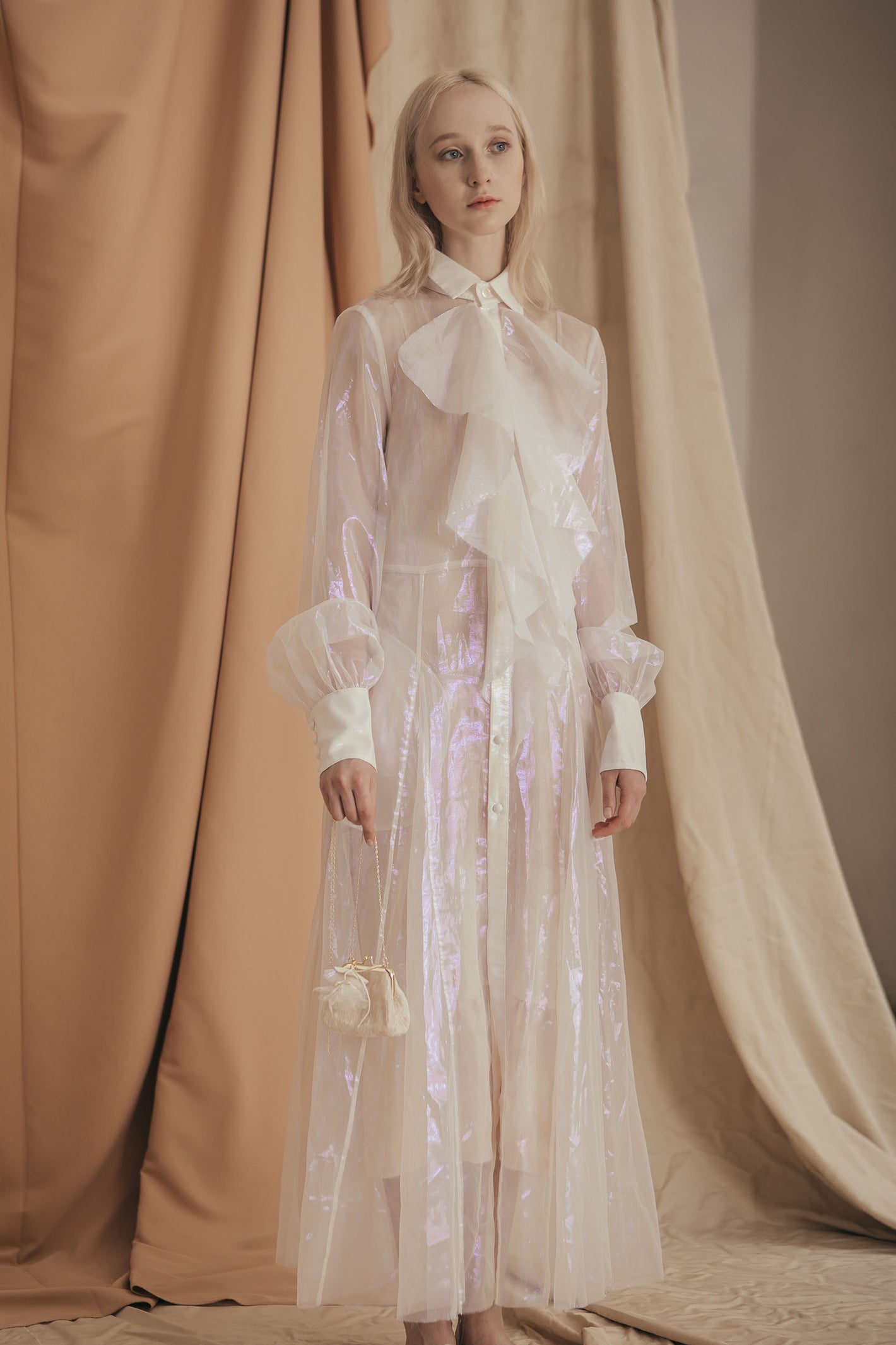 A Tentative Atelier SS20 Lookbook Womens sheer iridescent ruffle collar coat dress