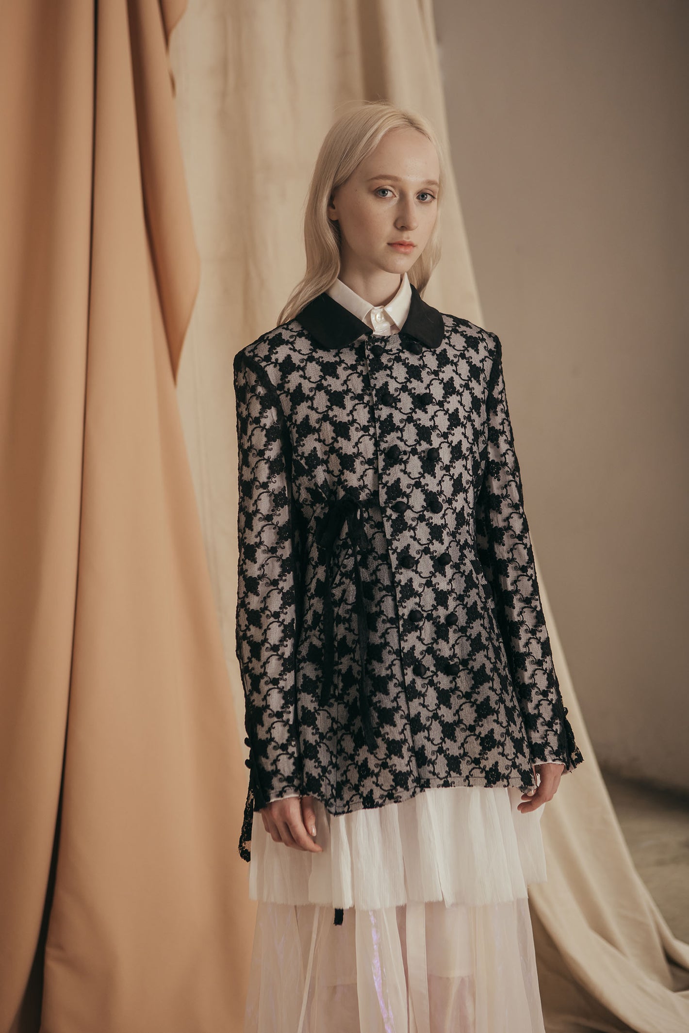 A Tentative Atelier SS20 Lookbook Womens crop of black printed round collar jacket
