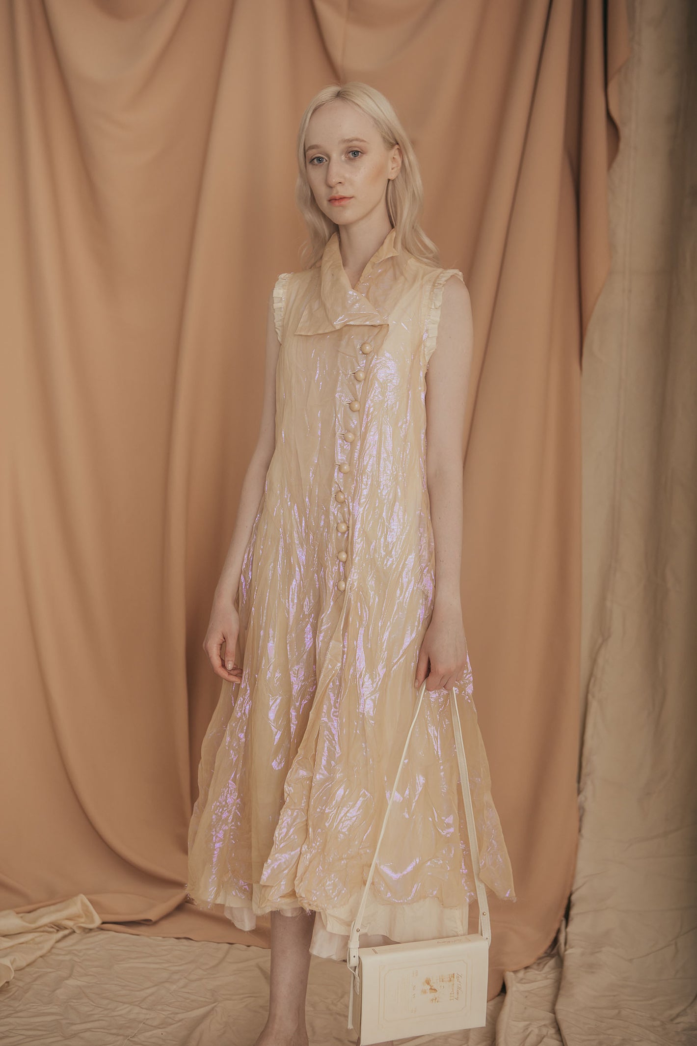 A Tentative Atelier SS20 Lookbook Womens iridescent sleeveless side button fastening dress